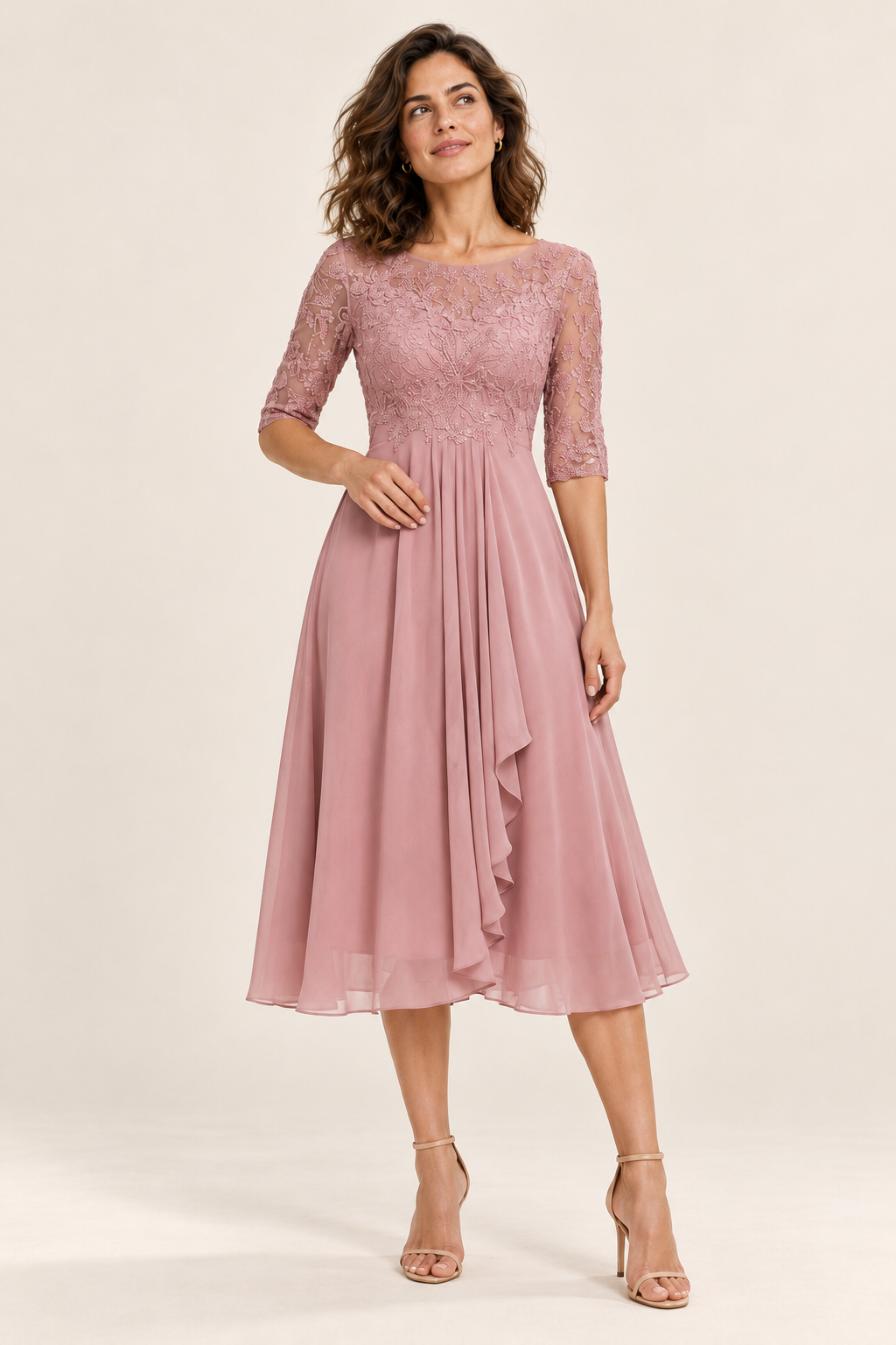 Vestido midi com parte superior trabalhada e saia fluida — rosa, vista de frente