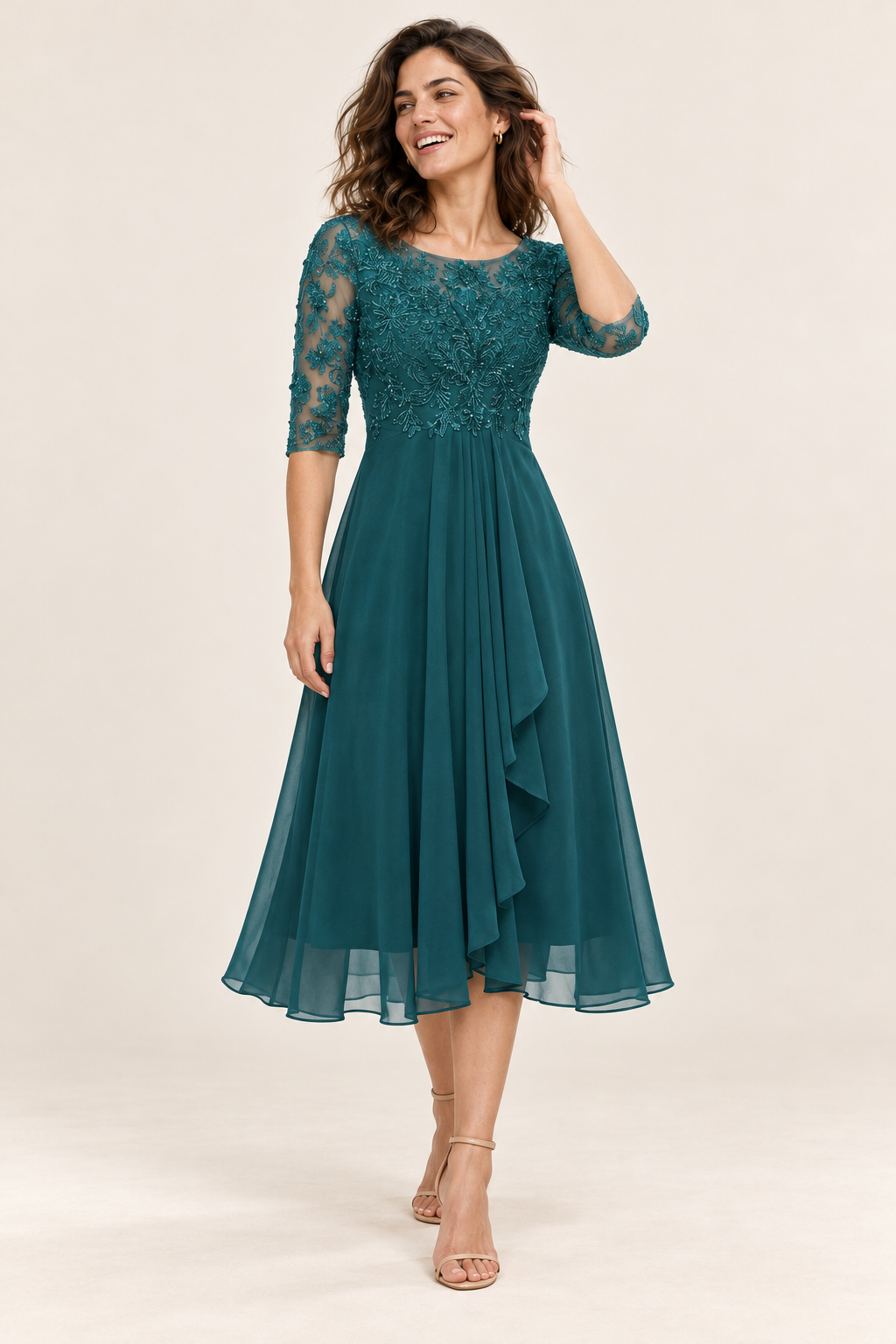 Vestido midi com parte superior trabalhada e saia fluida — turquesa, vista de frente