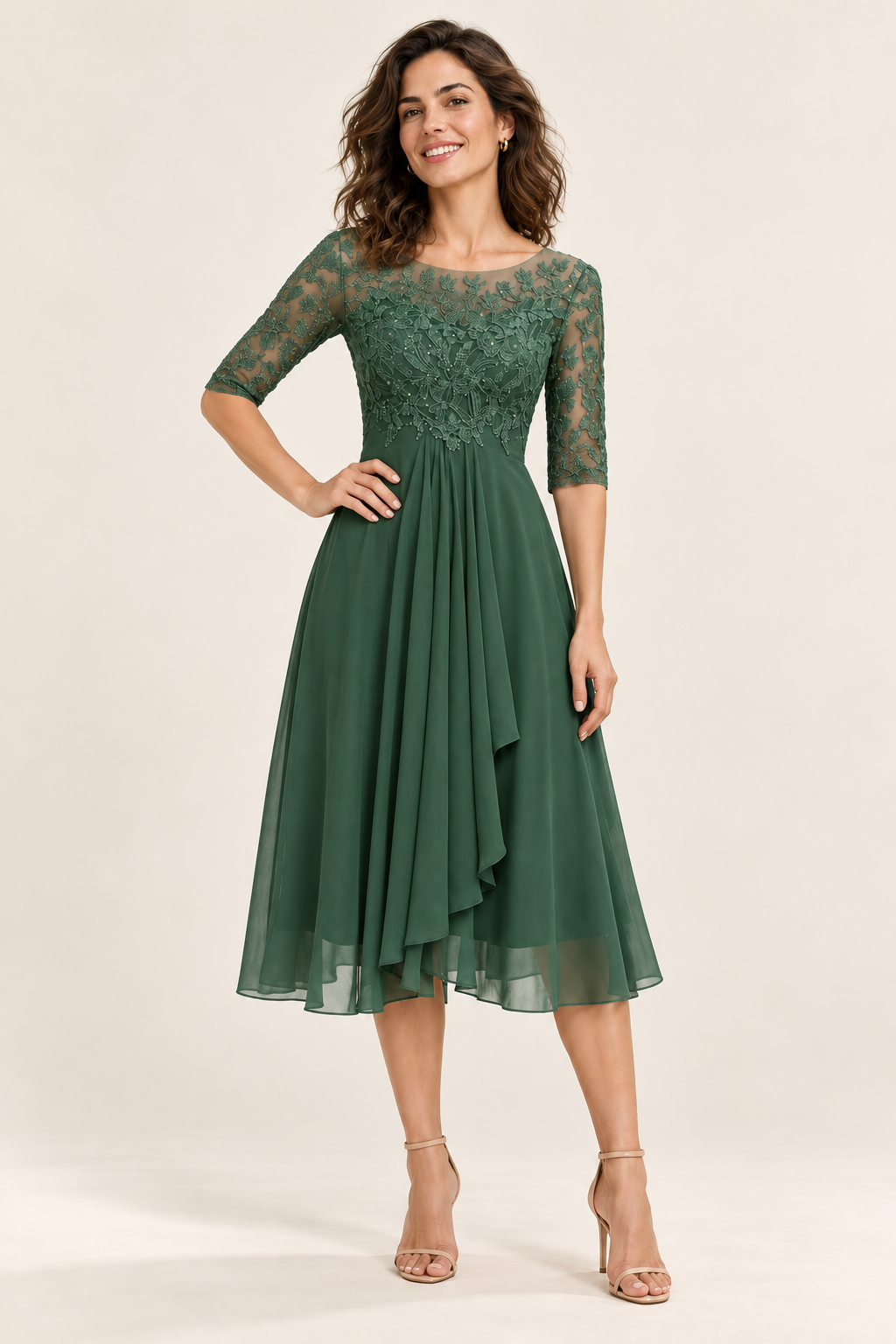 Vestido midi com parte superior trabalhada e saia fluida — verde, vista de frente