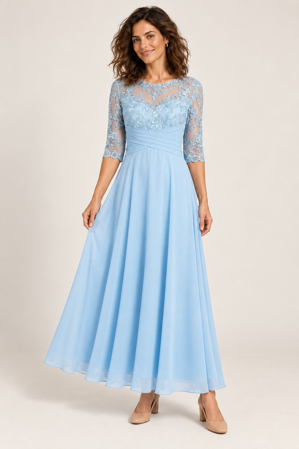 Vestido de cerimónia evasé com detalhes trabalhados — azul-celeste, vista de frente