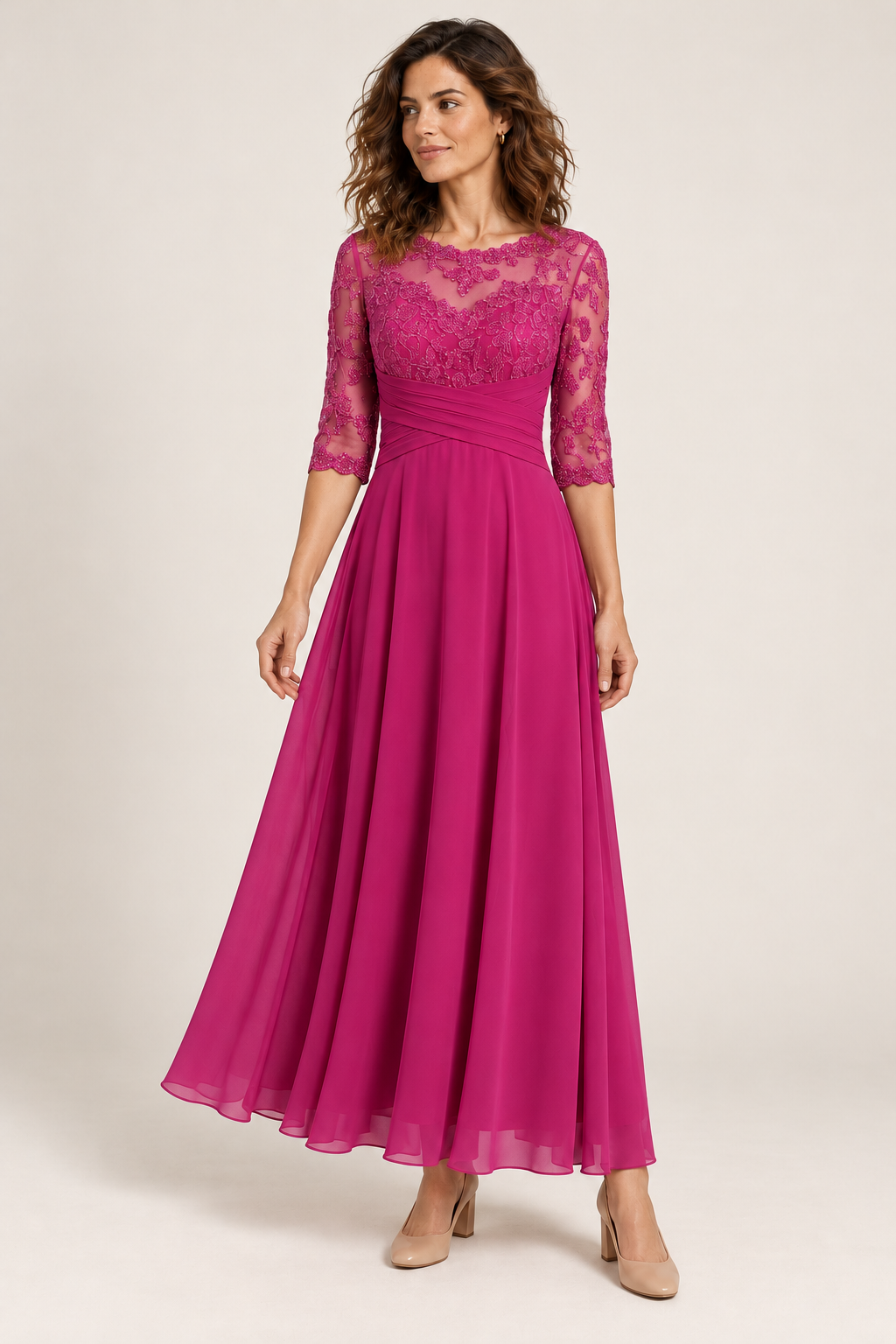 Vestido de cerimónia evasé com detalhes trabalhados — rosa-escuro, vista de frente