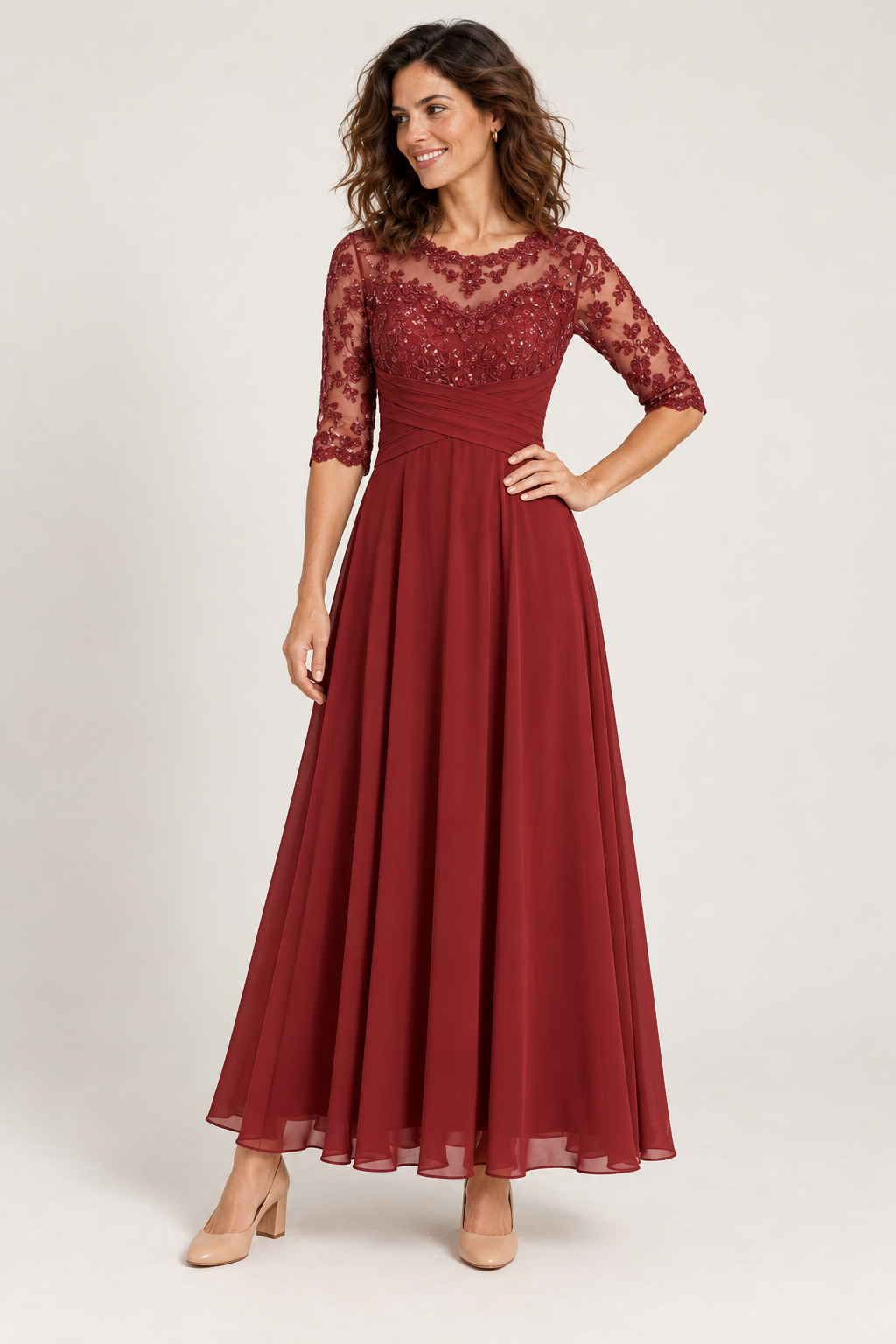 Vestido de cerimónia evasé com detalhes trabalhados — vermelho-escuro, vista de frente