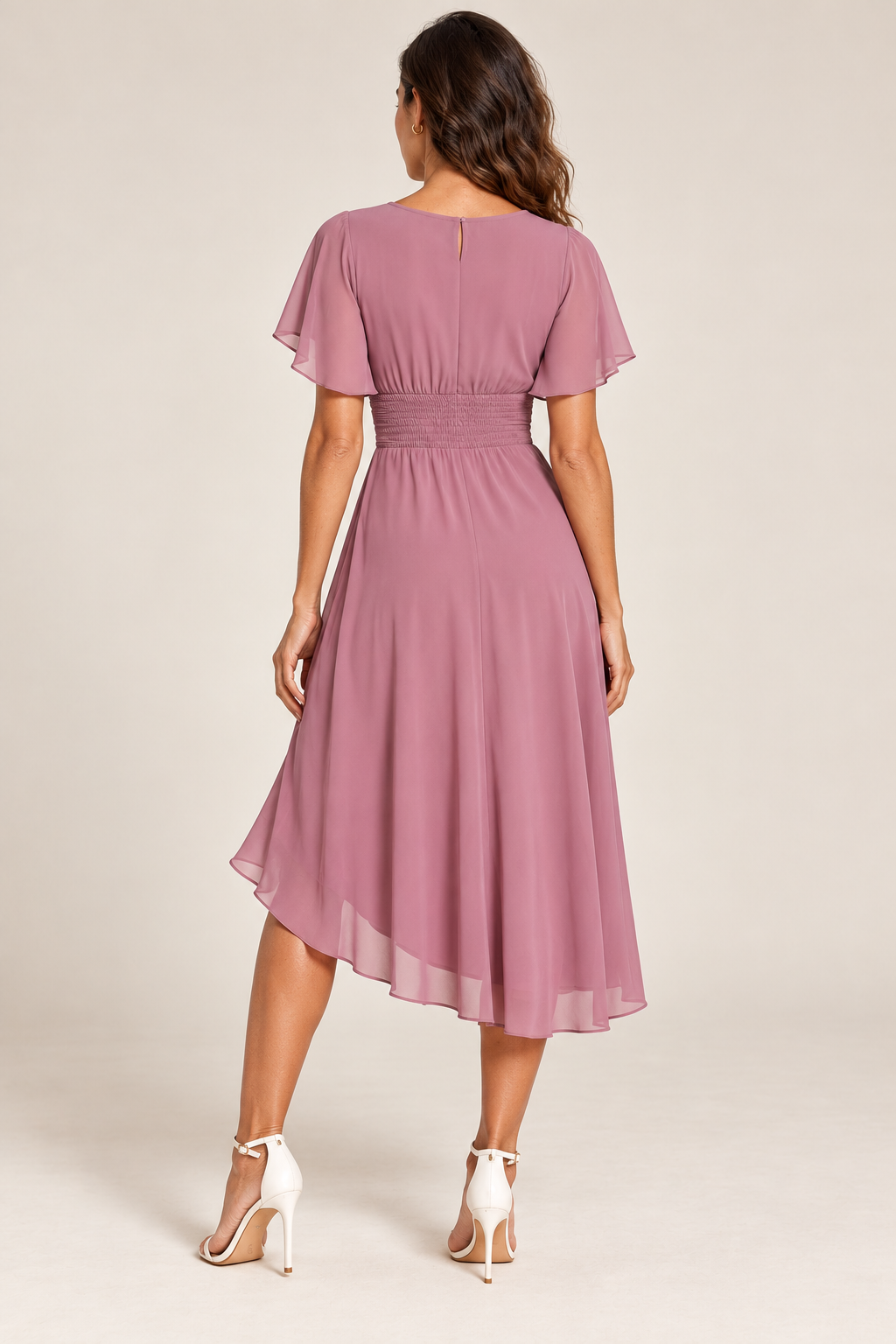 Vestido midi fluido com saia evasé — rosa, vista de costas