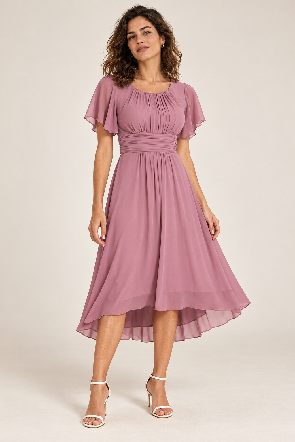 Vestido midi fluido com saia evasé, vista de frente