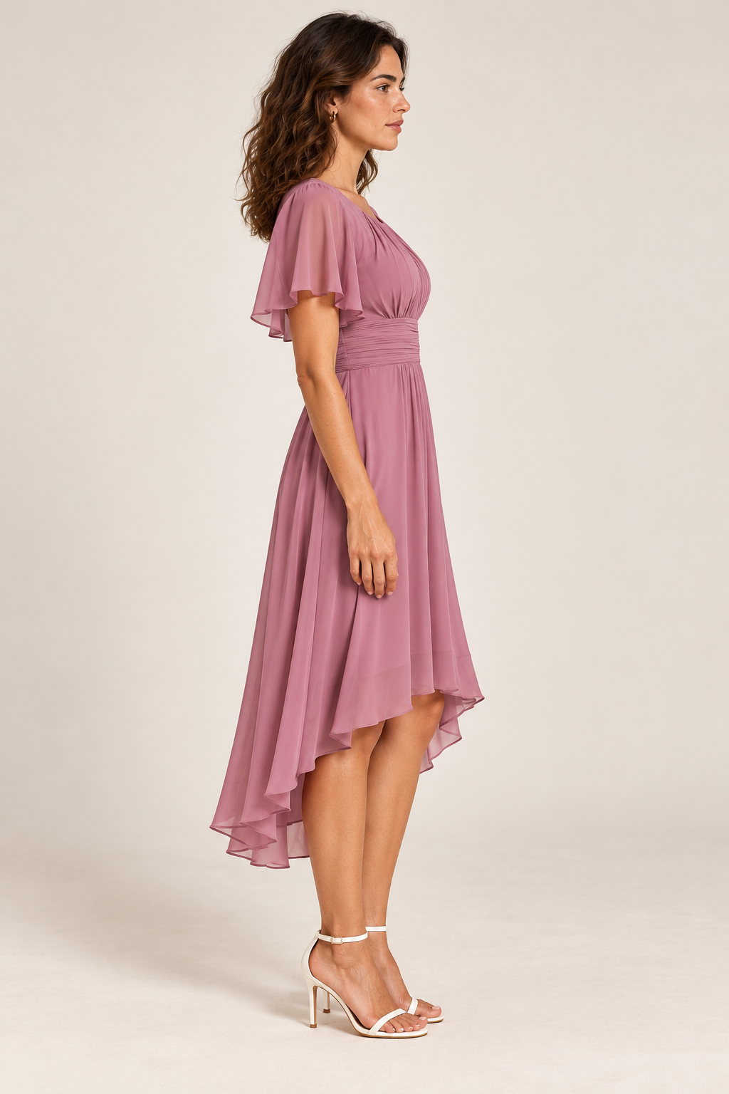 Vestido midi fluido com saia evasé — rosa, vista lateral
