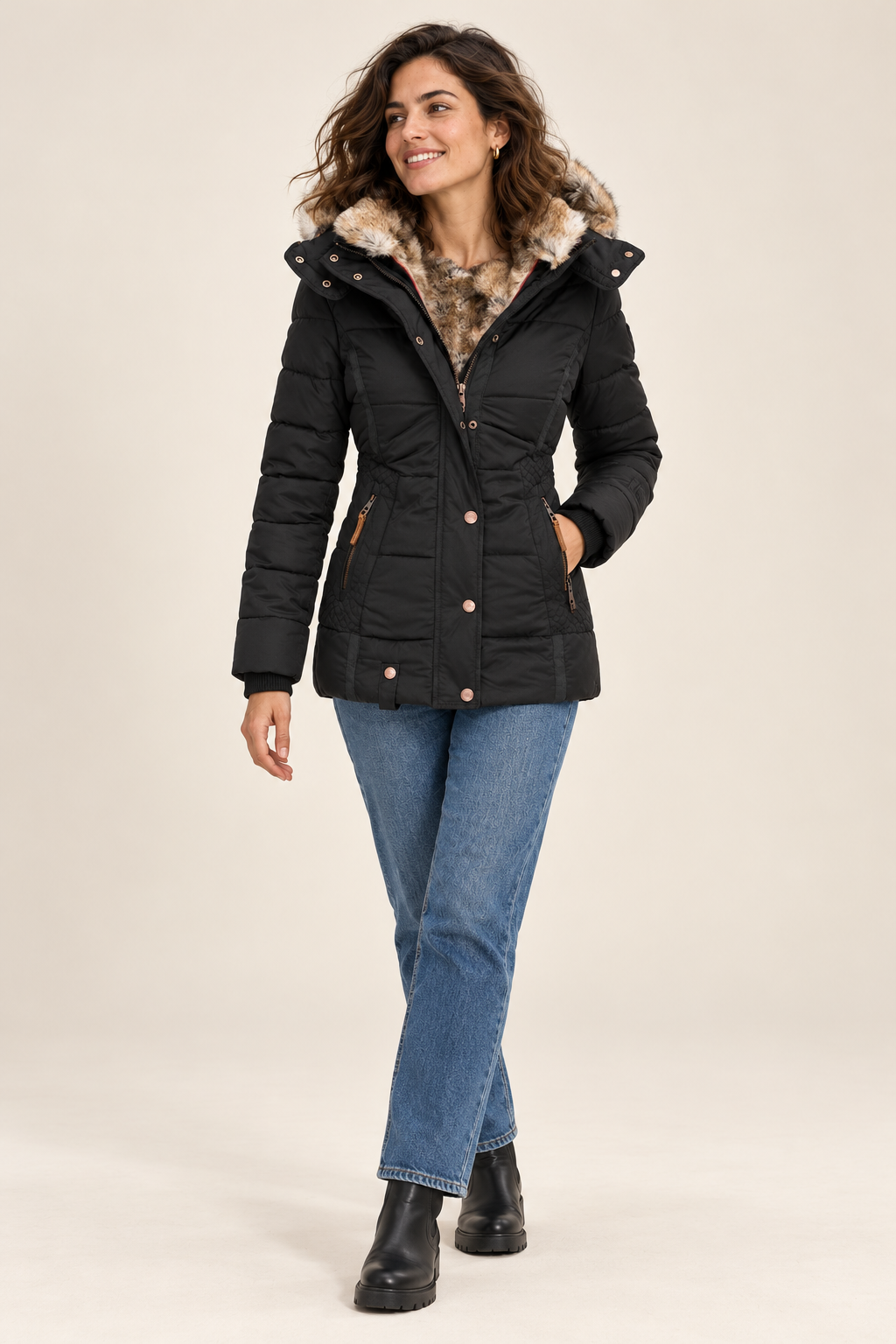 Casaco de inverno de mulher com capuz e bolsos com fecho, vista de frente