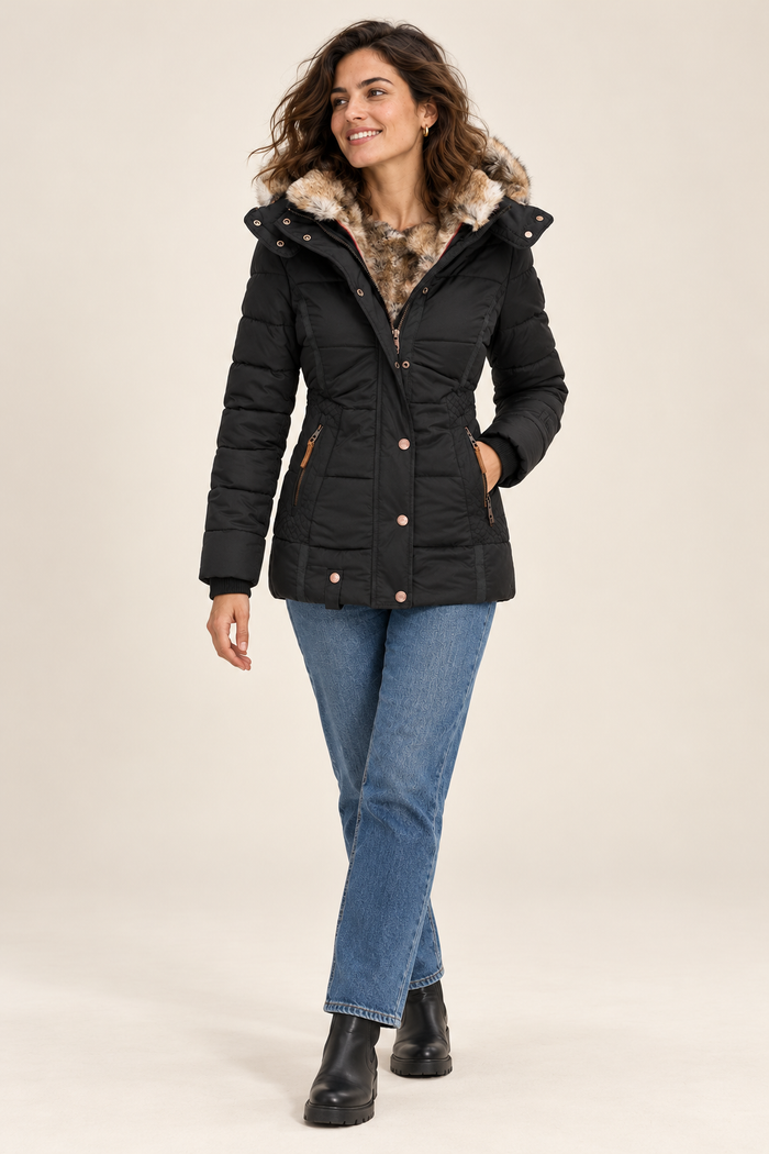 Casaco de inverno de mulher com capuz e bolsos com fecho, vista de frente