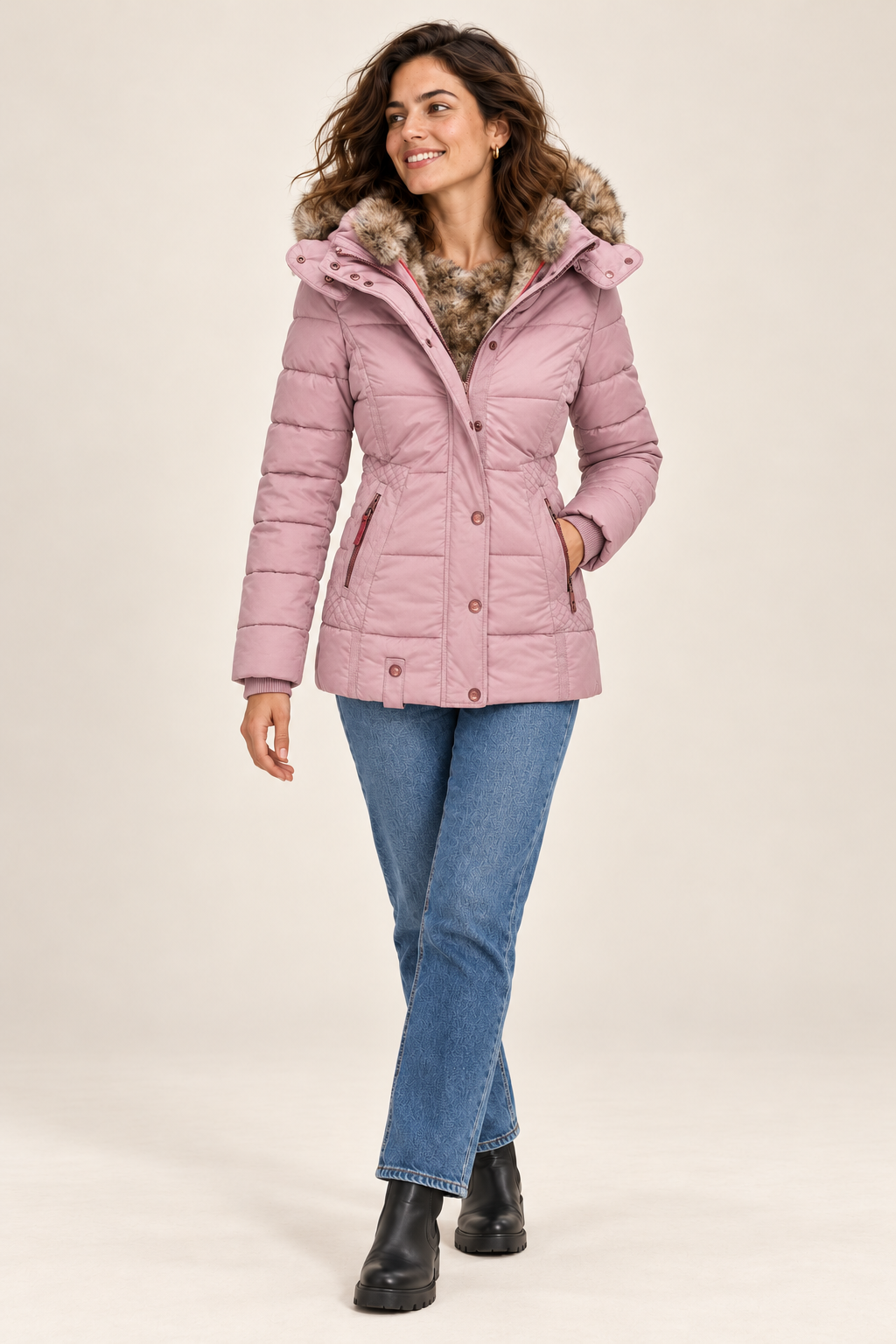 Casaco de inverno de mulher com capuz e bolsos com fecho — rosa, vista de frente