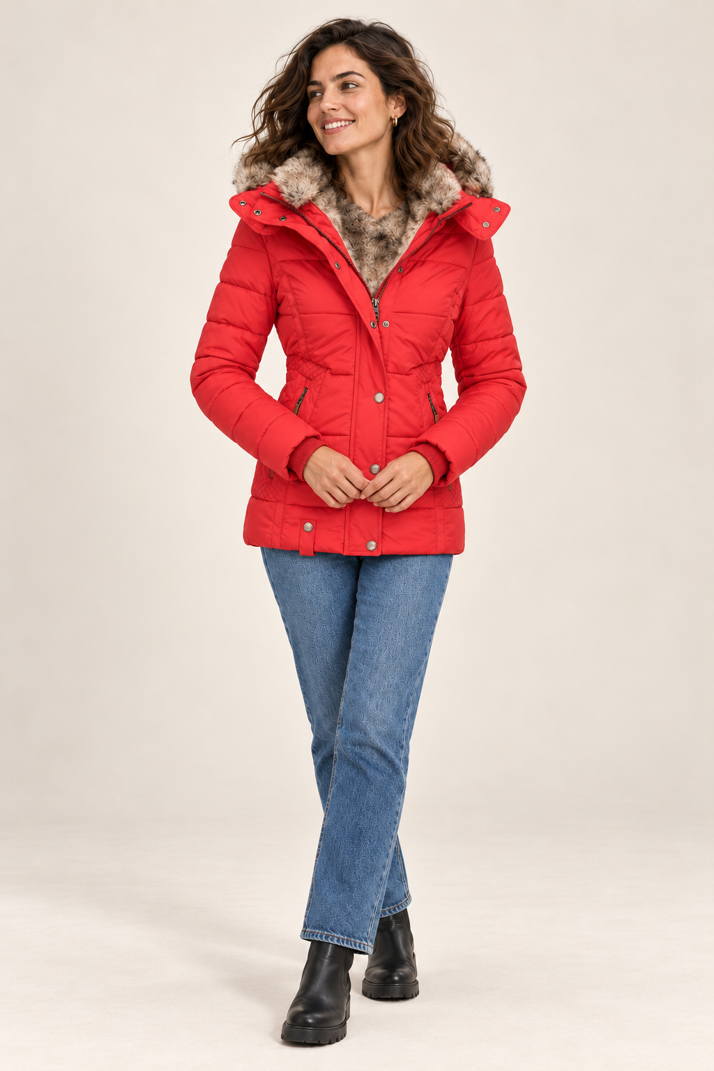 Casaco de inverno de mulher com capuz e bolsos com fecho — vermelho, vista de frente