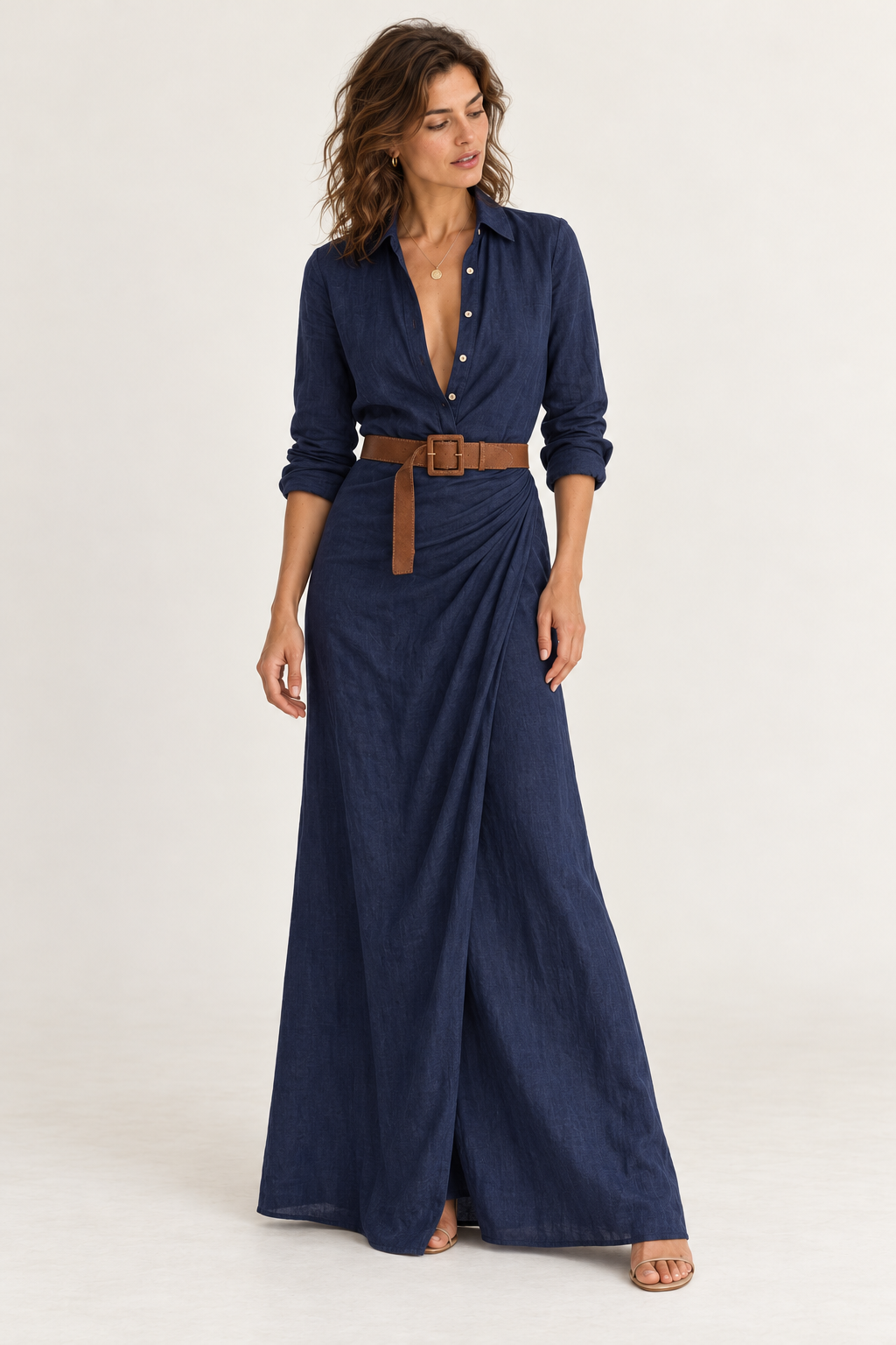 Vestido camiseiro maxi com cinto e franzido — Azul-marinho, vista de frente