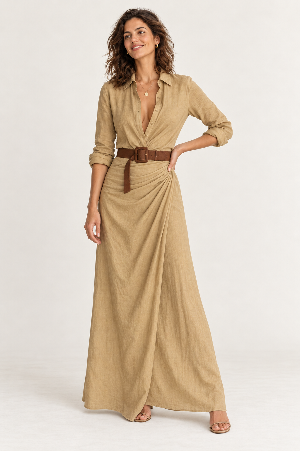 Vestido camiseiro maxi com cinto e franzido — Caqui, vista de frente