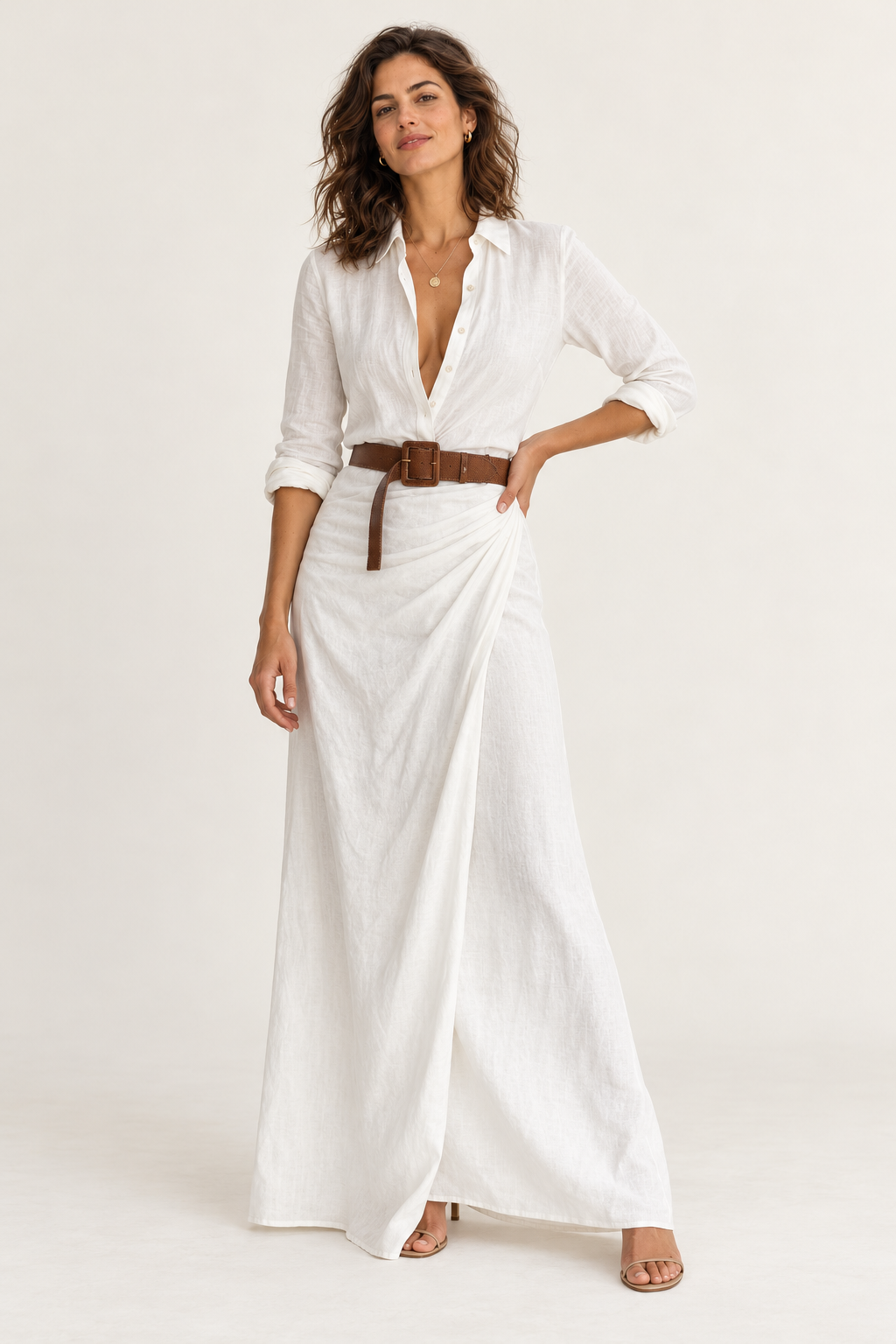 Vestido camiseiro maxi com cinto e franzido, vista de frente