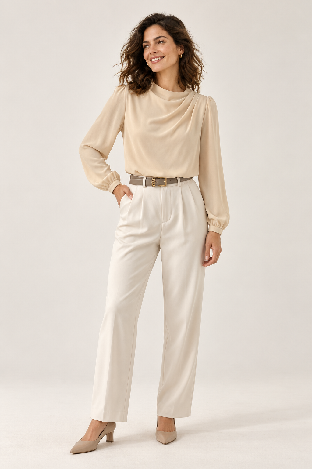 Blusa de mulher com gola alta e franzidos, vista de frente