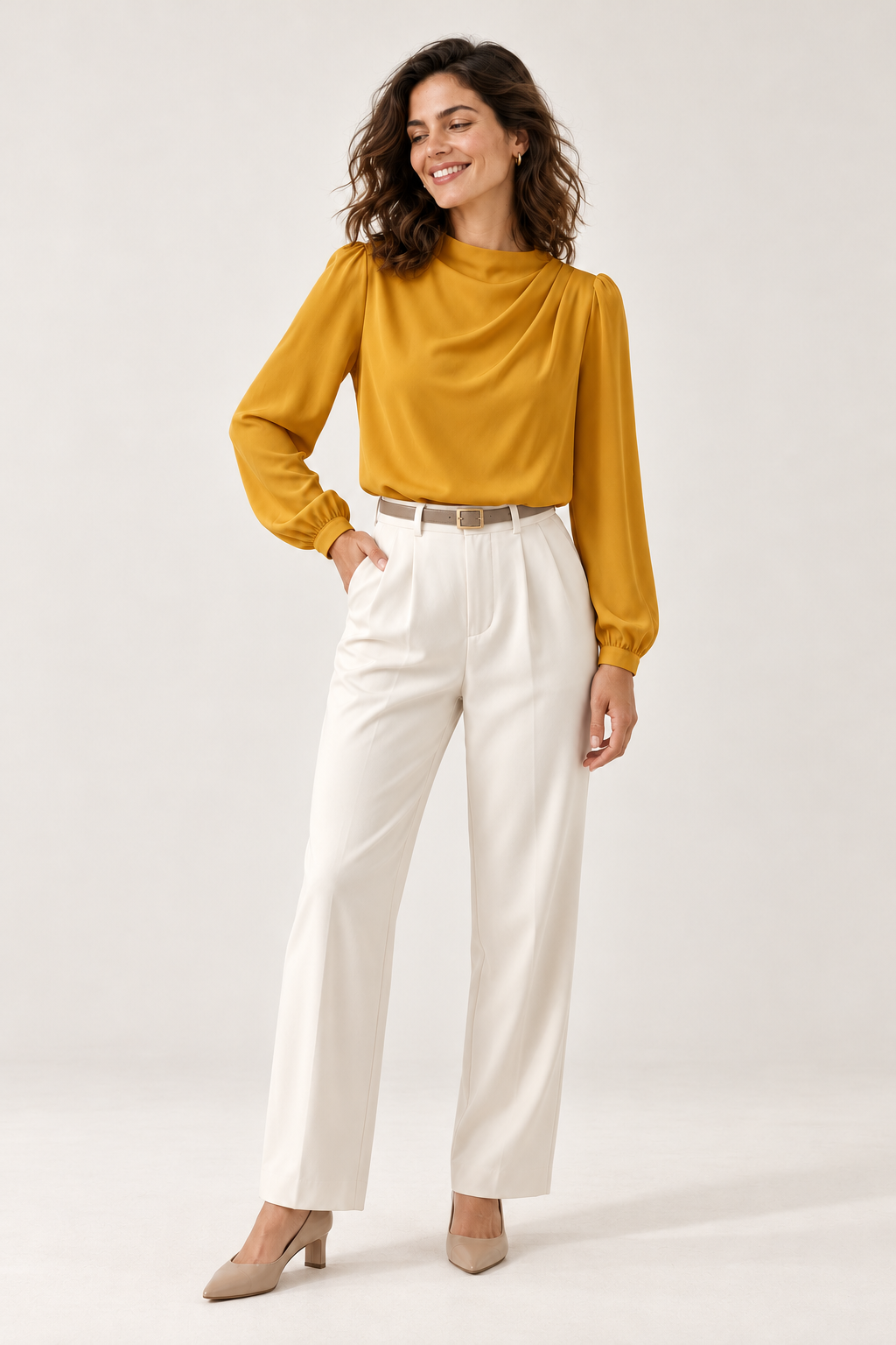 Blusa de mulher com gola alta e franzidos — Laranja, vista de frente