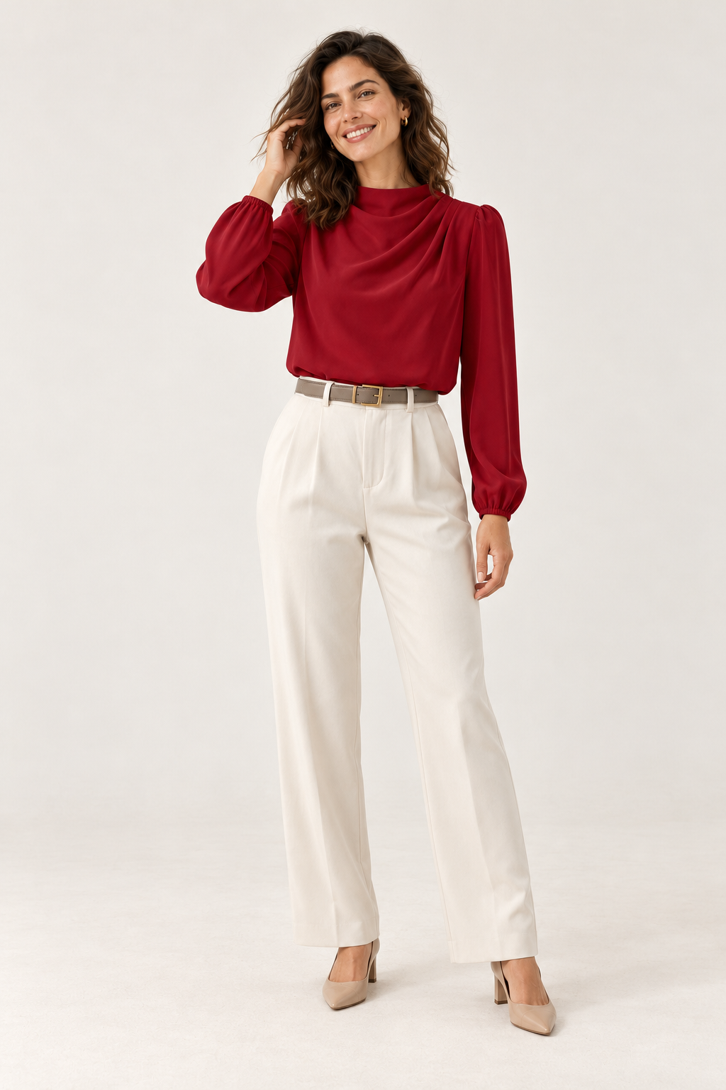 Blusa de mulher com gola alta e franzidos — Vermelho, vista de frente