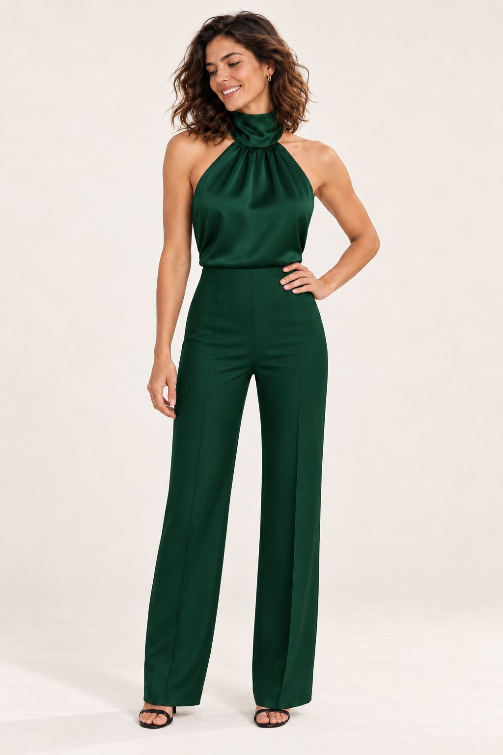 Macacão de mulher com gola halter — Verde, vista de frente