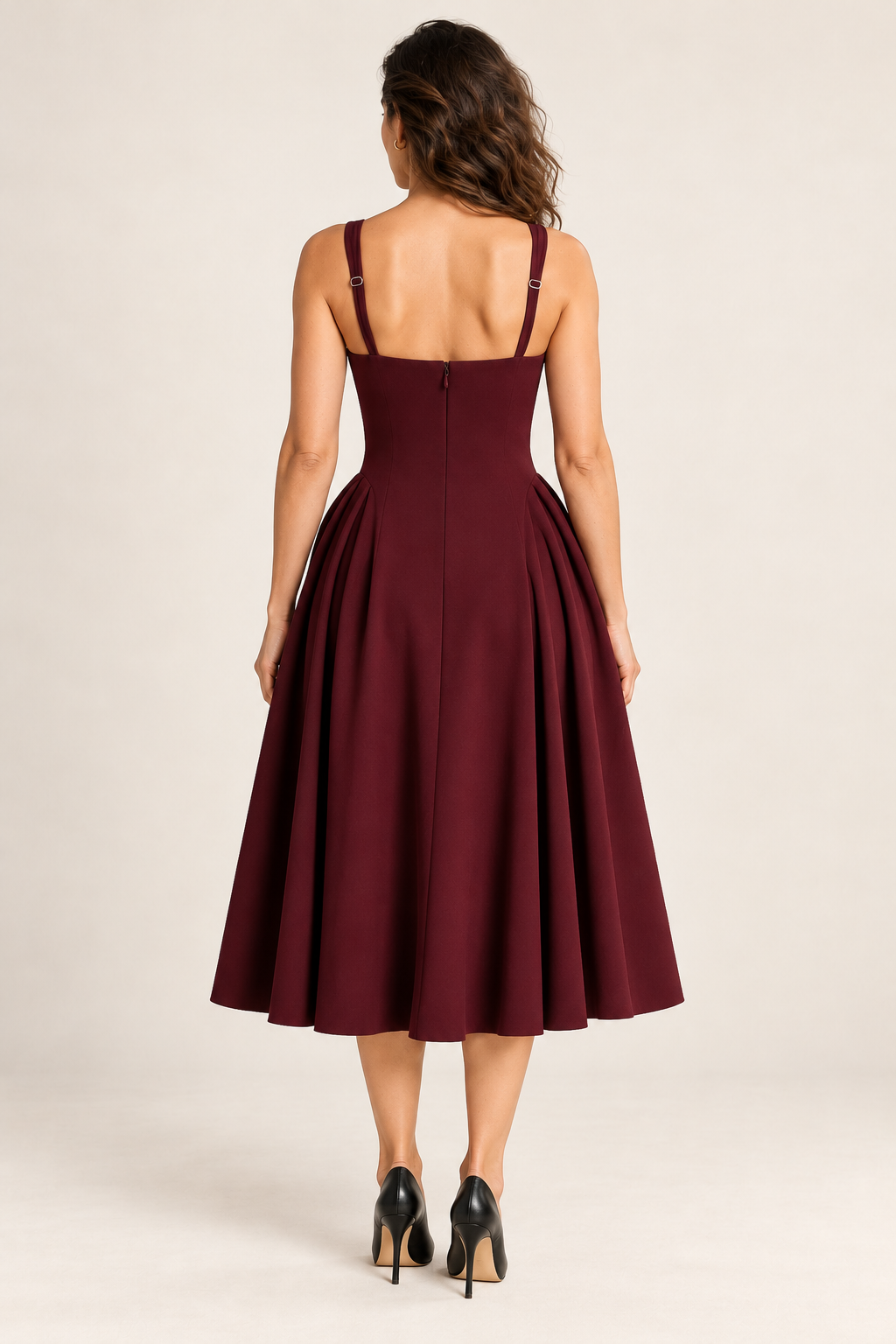 Vestido midi evasé com decote quadrado — Vermelho, vista de costas