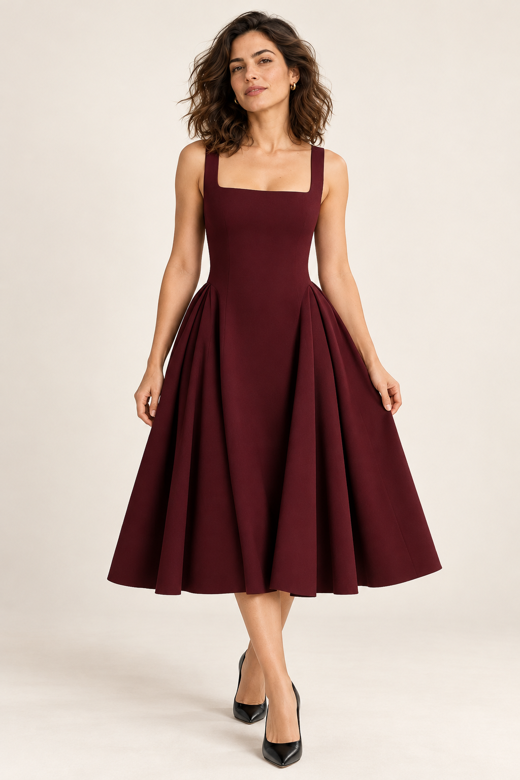 Vestido midi evasé com decote quadrado, vista de frente