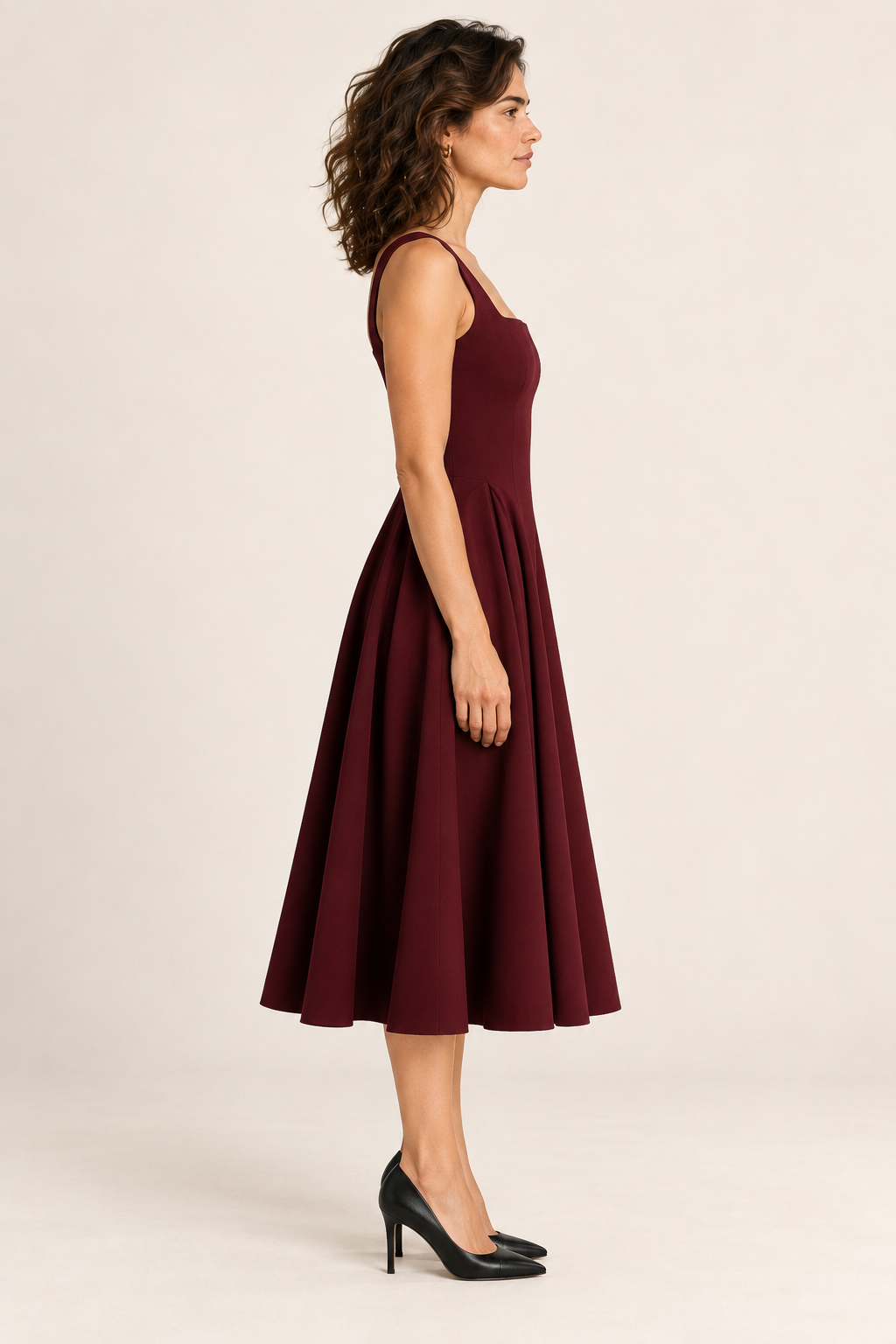 Vestido midi evasé com decote quadrado — Vermelho, vista lateral