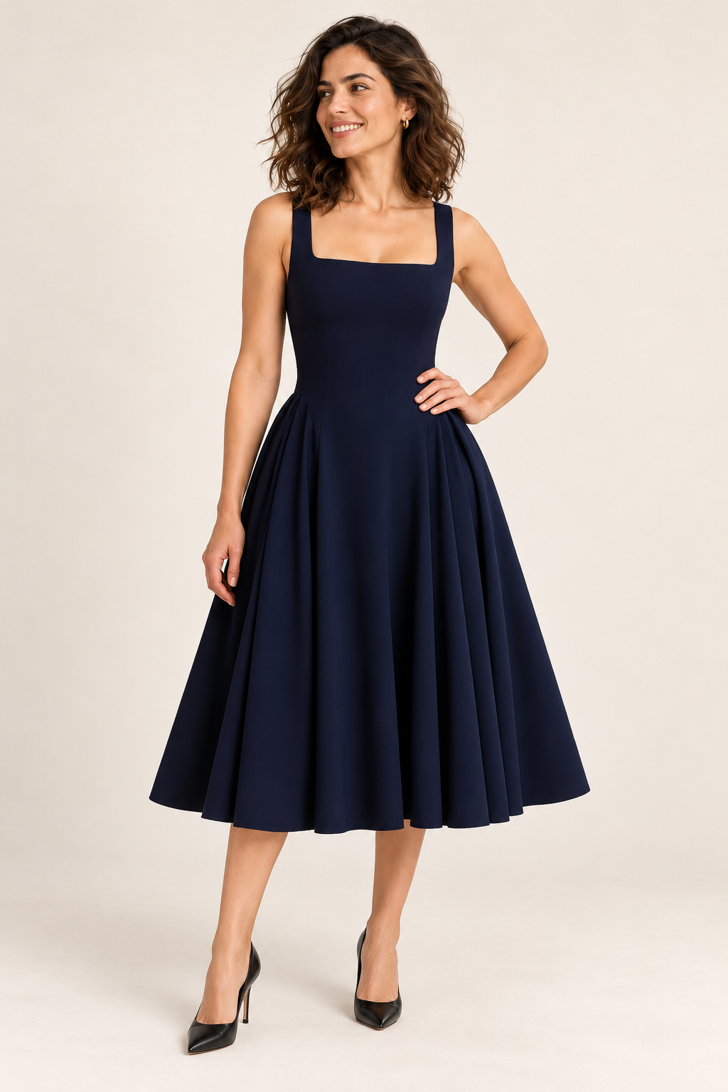 Vestido midi evasé com decote quadrado — Preto, vista de frente