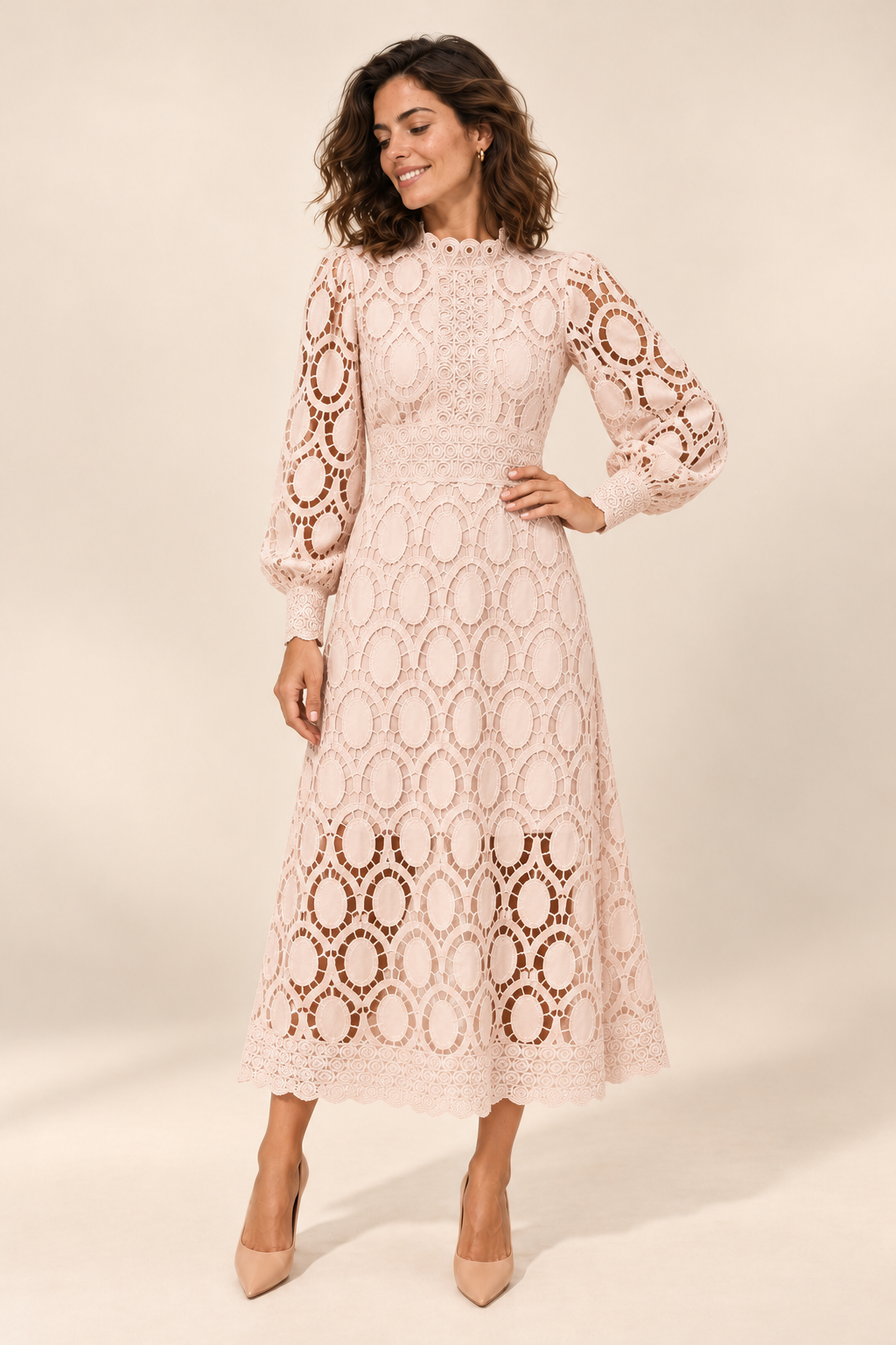 Vestido midi trabalhado com mangas abalonadas — Damasco, vista de frente