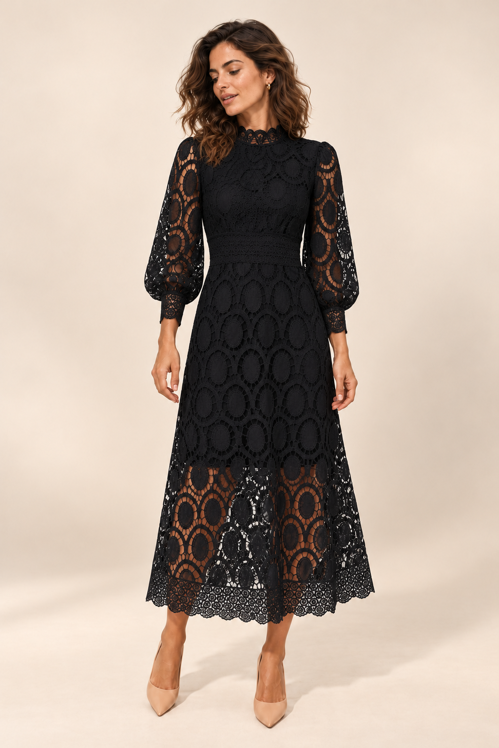 Vestido midi trabalhado com mangas abalonadas — Preto, vista de frente