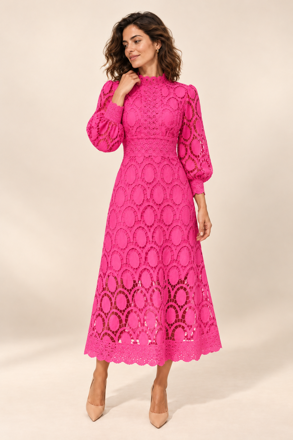 Vestido midi trabalhado com mangas abalonadas — Rosa, vista de frente
