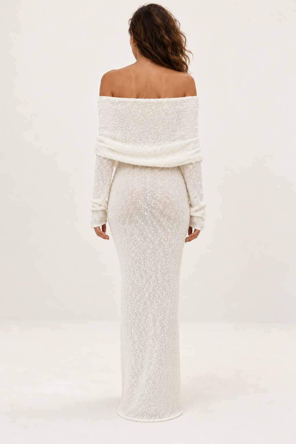 Vestido maxi com ombros descobertos — Branco, vista de costas