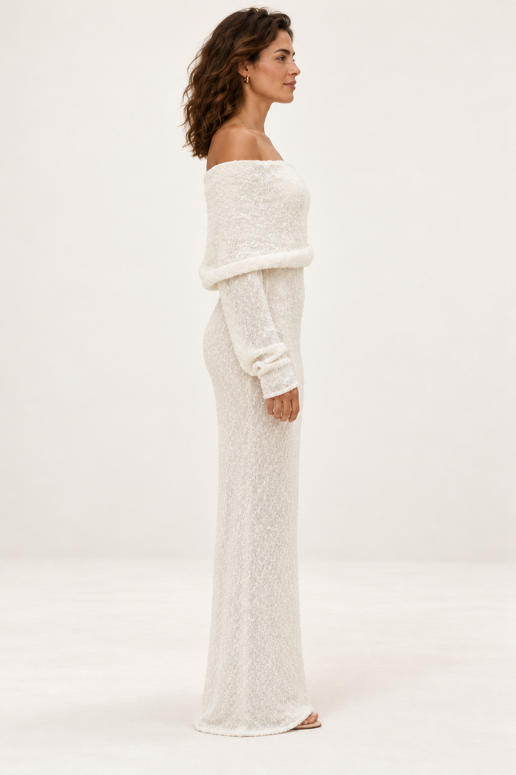 Vestido maxi com ombros descobertos — Branco, vista lateral