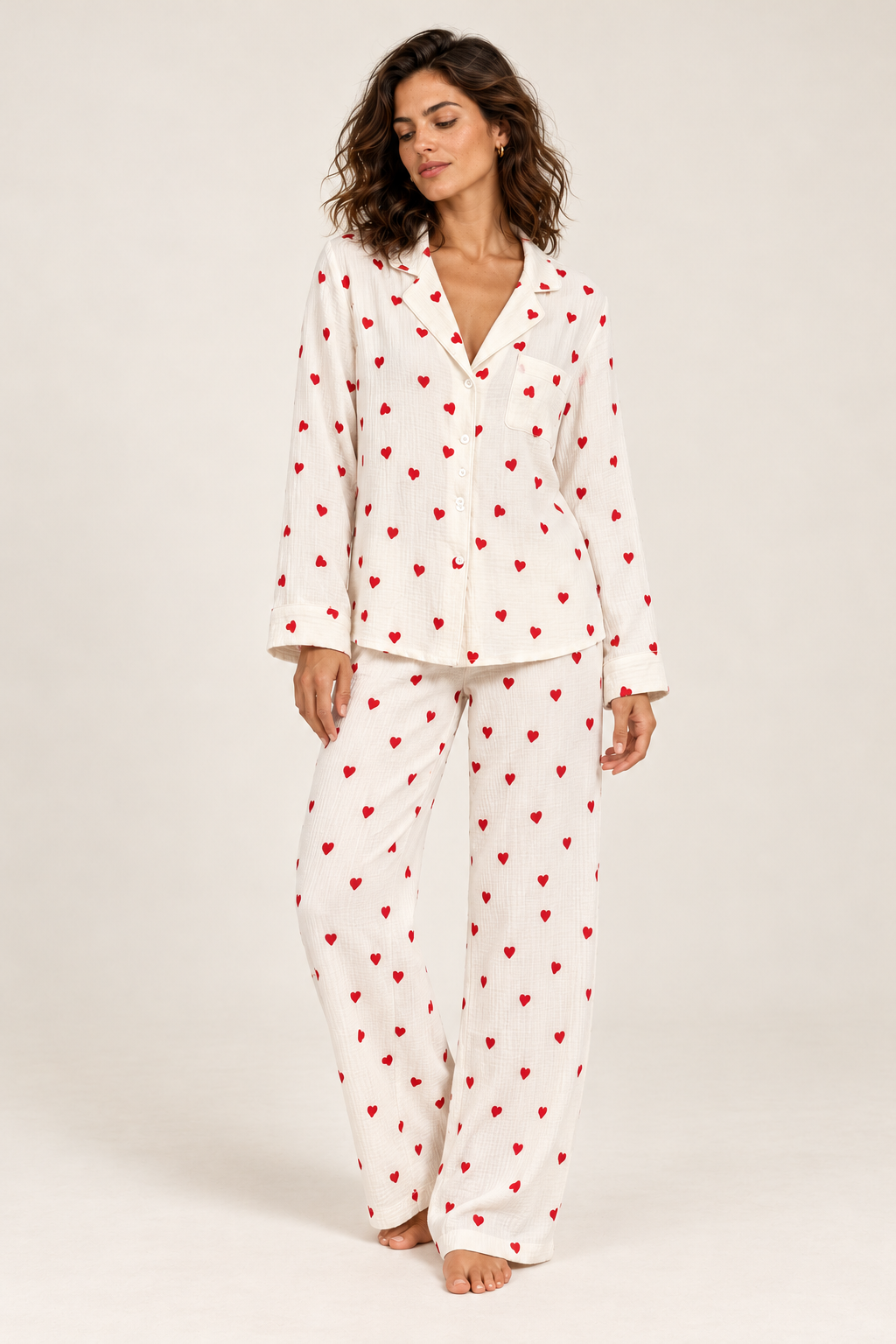 Pijama de mulher de duas peças com corações — Branco, vista de frente