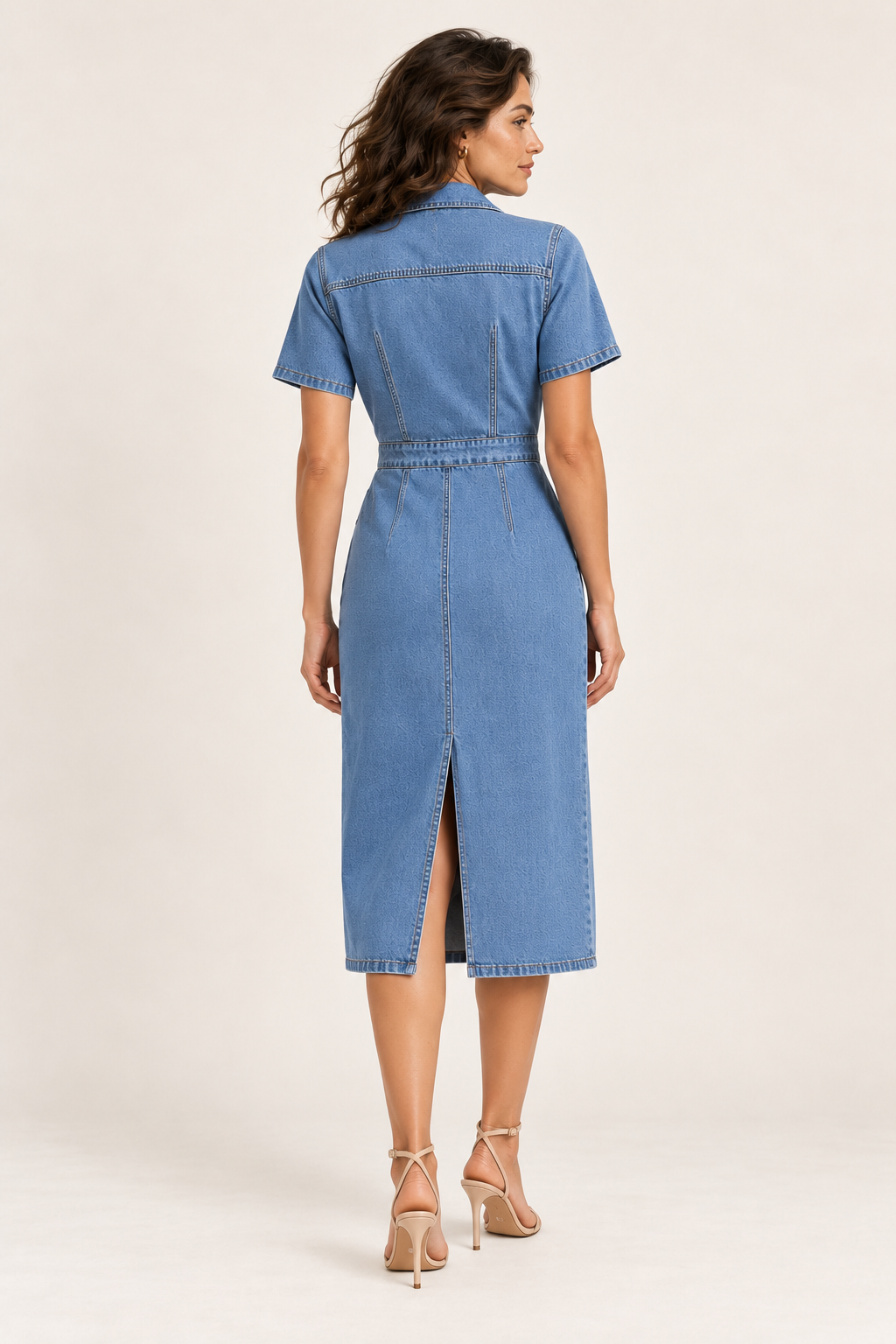 Vestido midi casual com botões — Azul, vista de costas