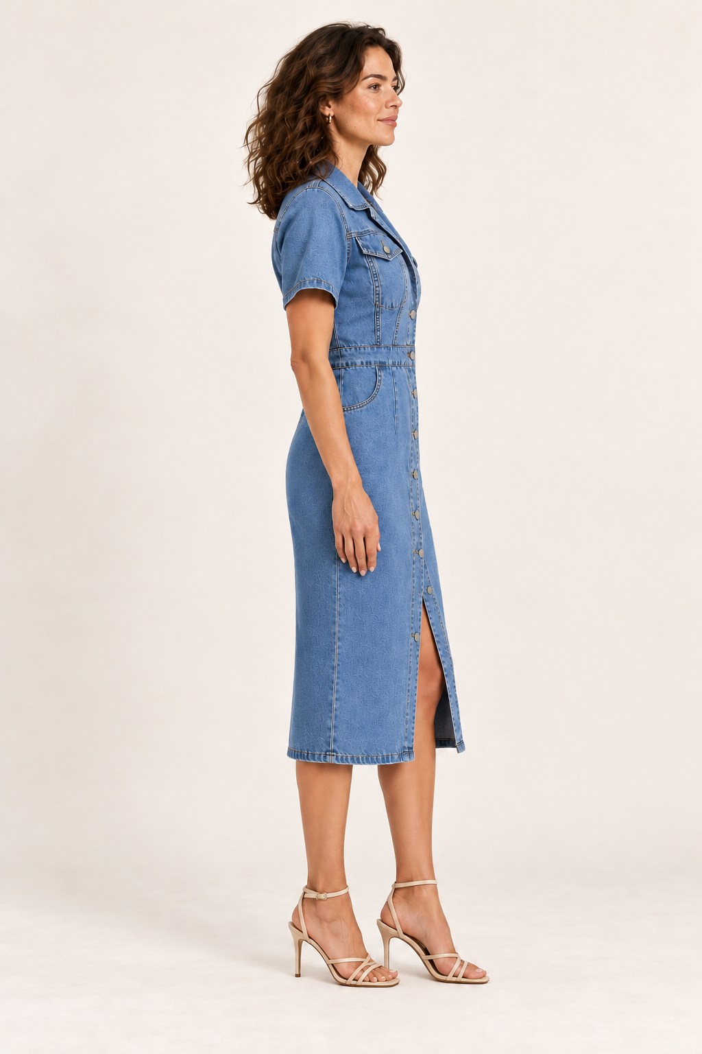 Vestido midi casual com botões — Azul, vista lateral