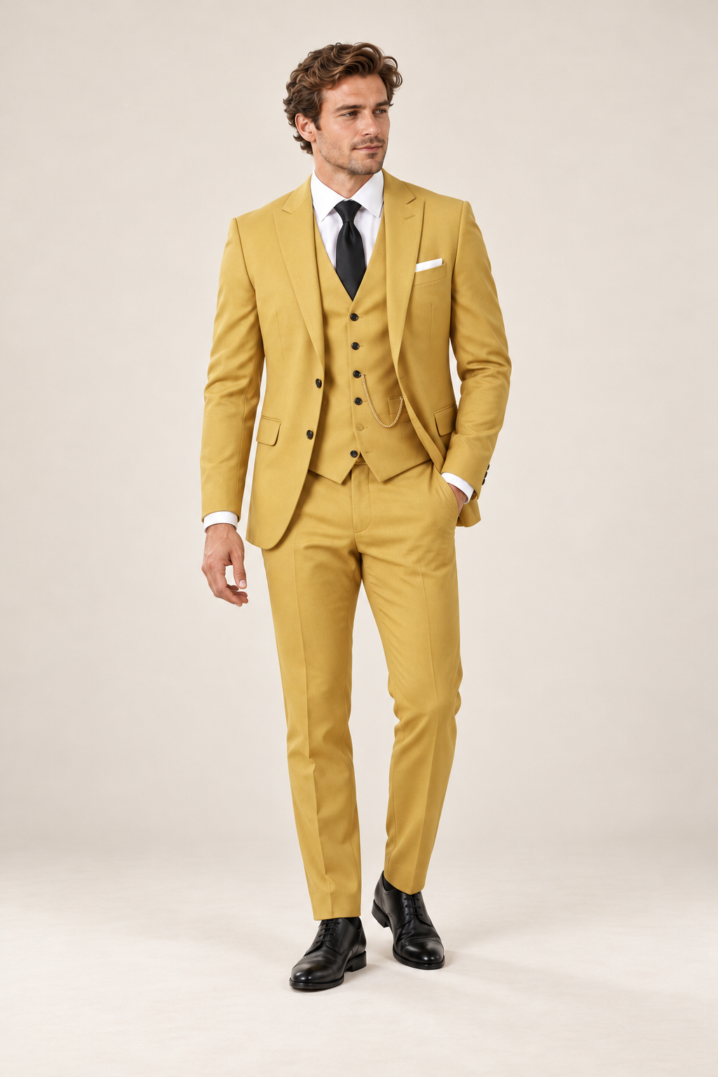 Fato de homem de três peças com corte slim — Amarelo, vista de frente