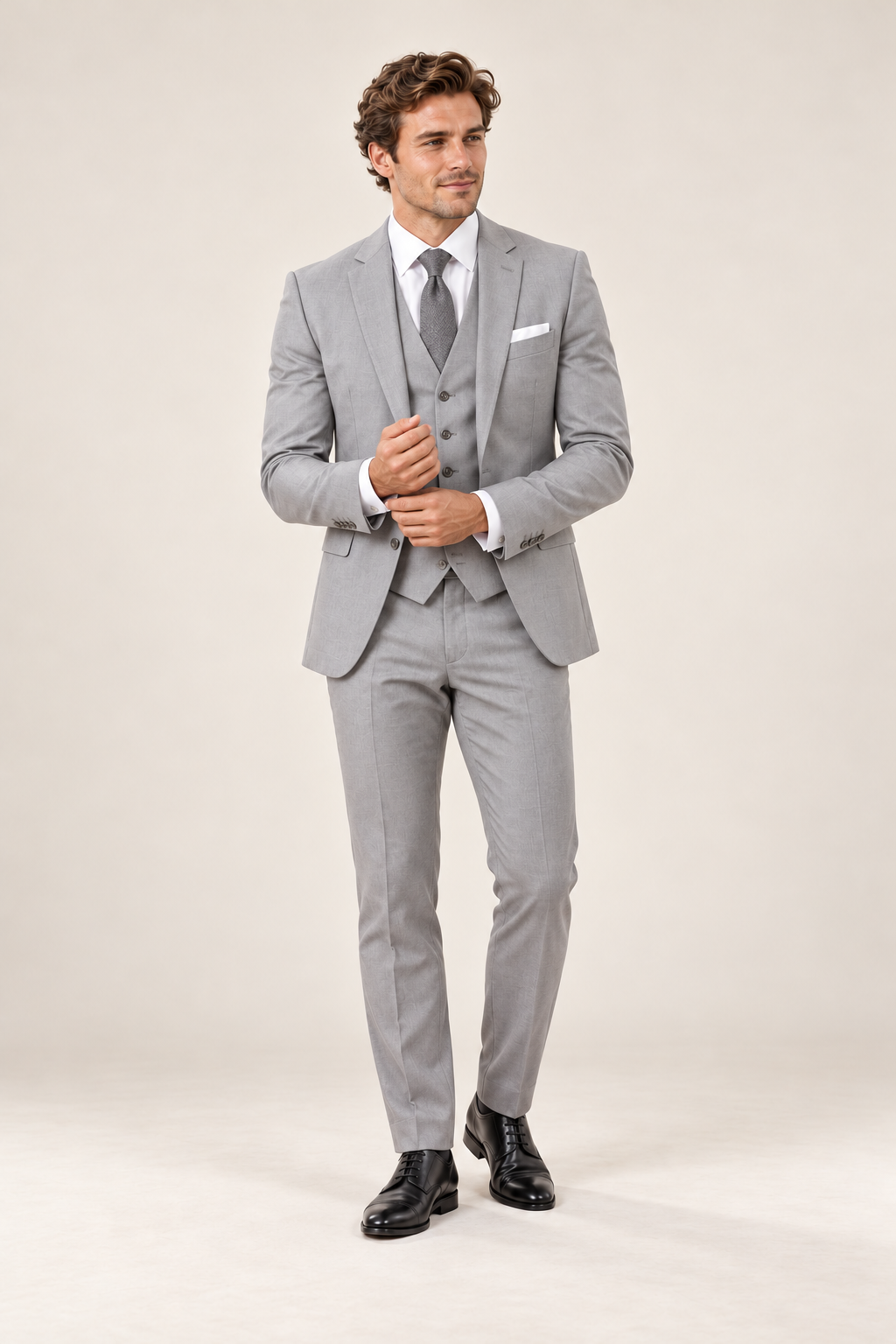 Fato de homem de três peças com corte slim — Cinzento-claro, vista de frente