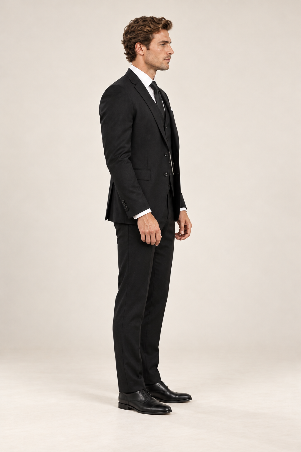 Fato de homem de três peças com corte slim — Preto, vista lateral