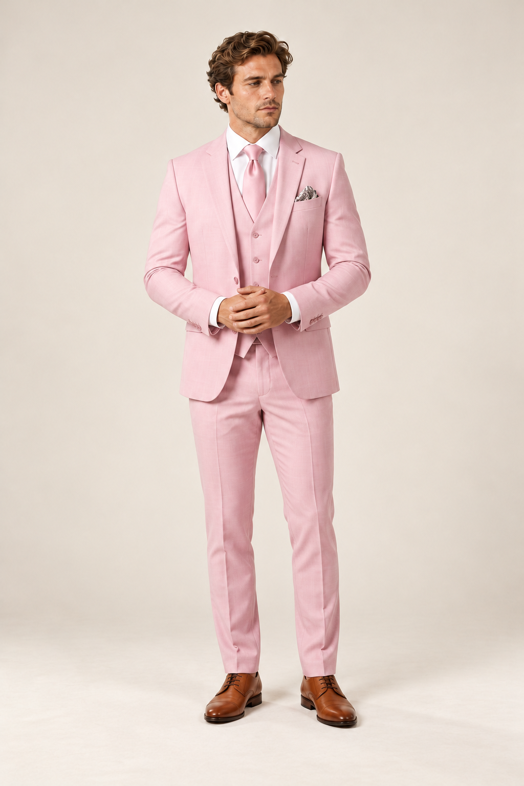 Fato de homem de três peças com corte slim — Rosa, vista de frente