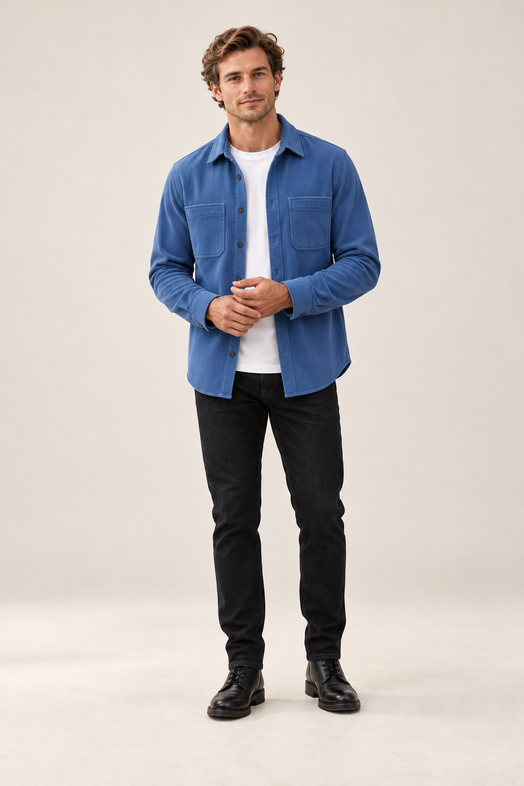 Sobrecamisa de bombazina de homem com bolsos — Azul, vista de frente