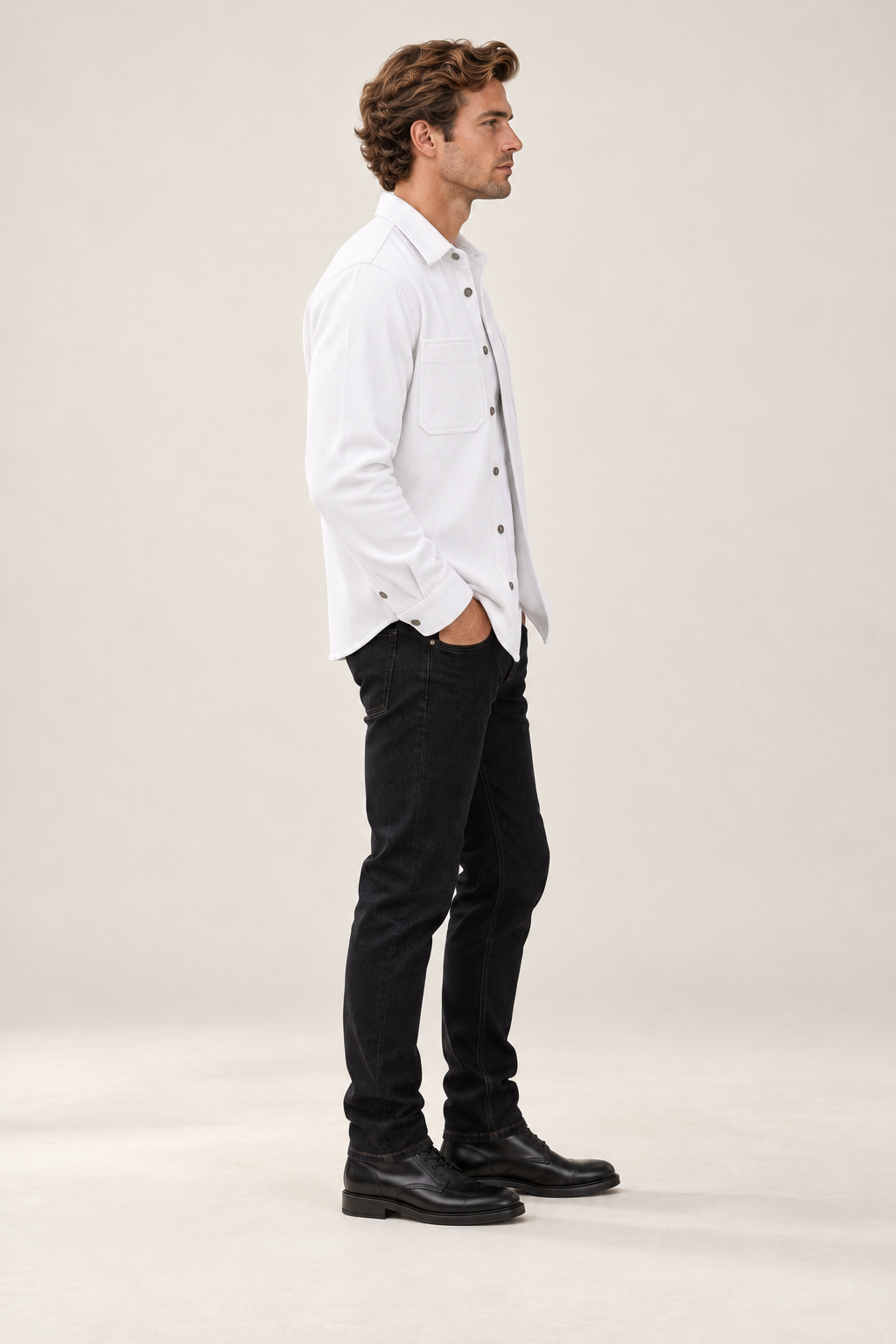 Sobrecamisa de homem com botões e bolsos — Branco, vista lateral