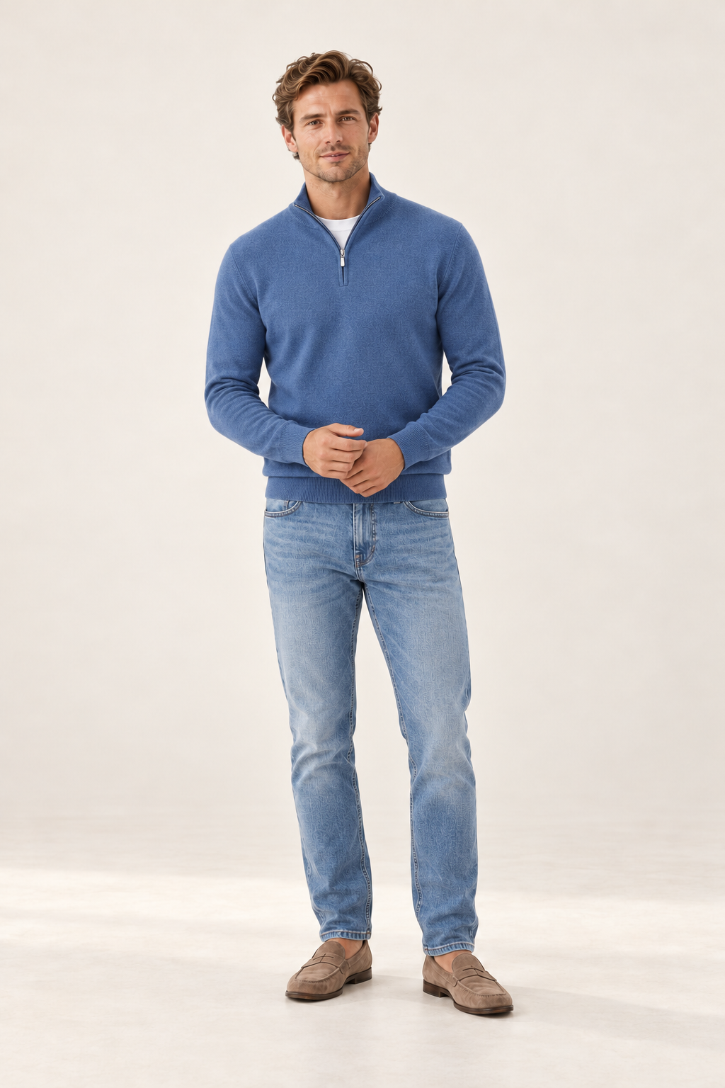 Camisola de homem com decote em V e fecho — Azul, vista de frente