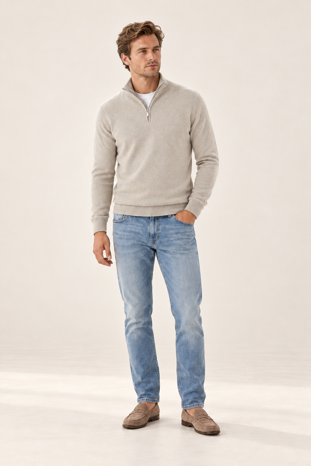 Camisola de homem com decote em V e fecho — Bege, vista de frente