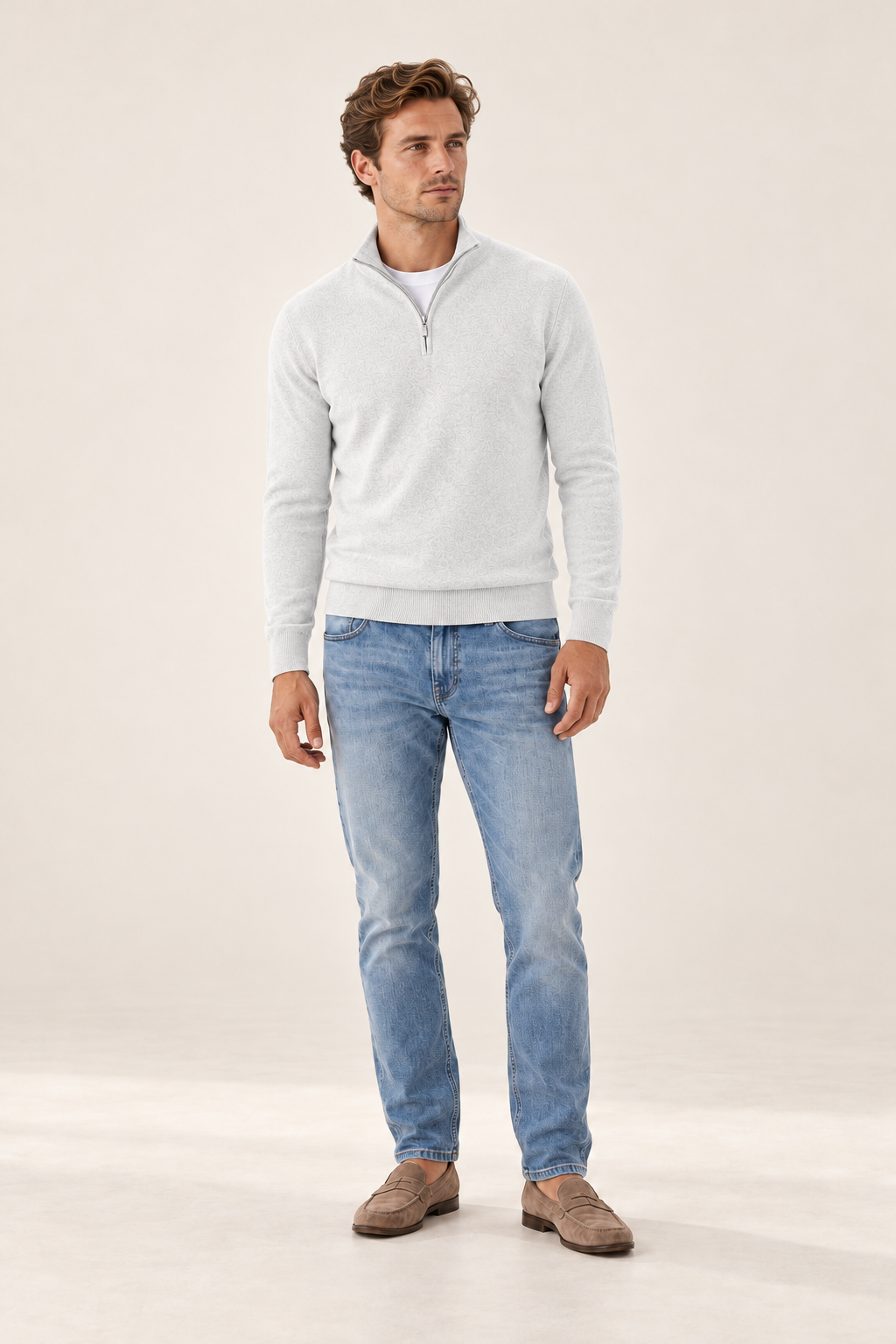 Camisola de homem com decote em V e fecho — Branco, vista de frente
