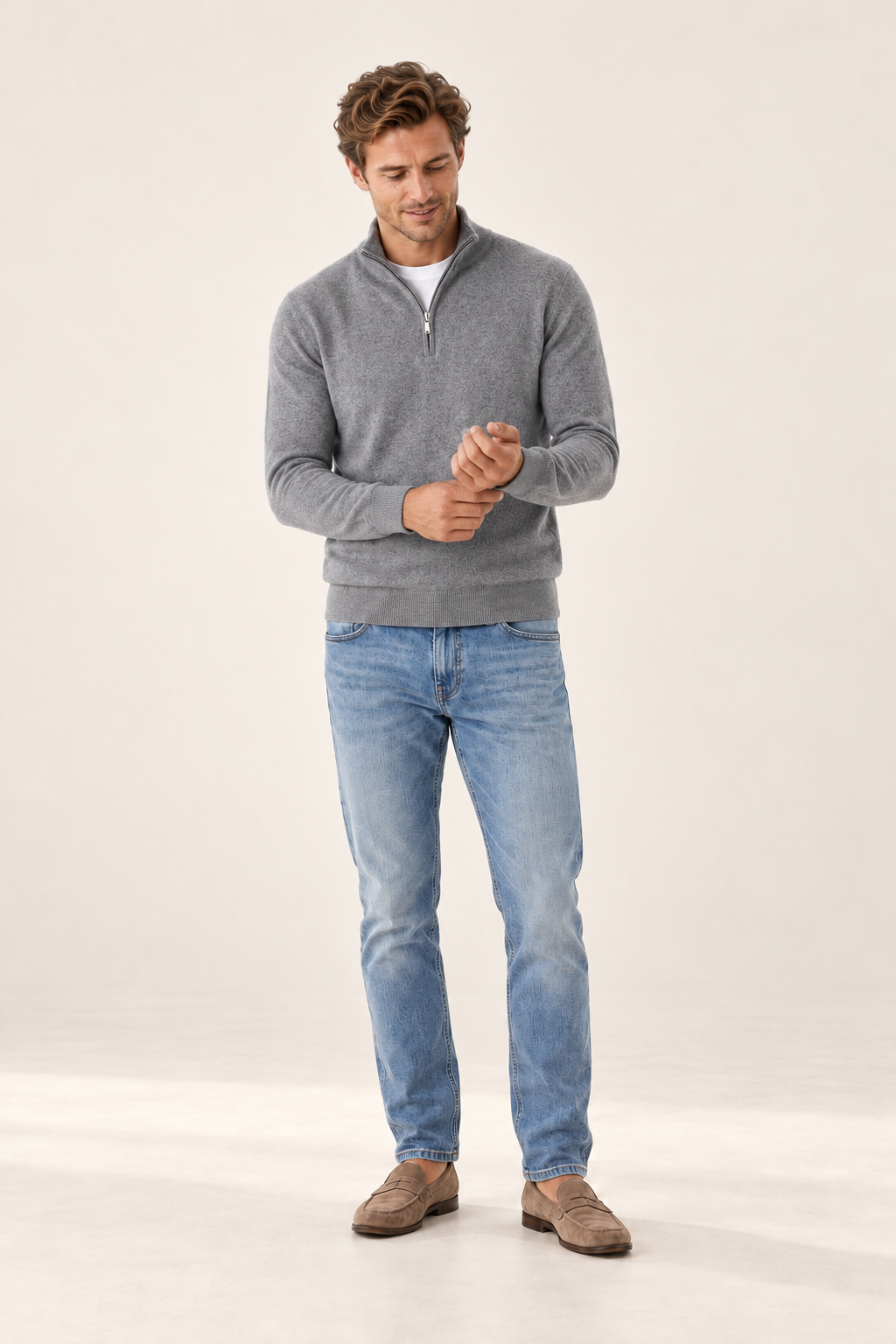 Camisola de homem com decote em V e fecho — Cinzento, vista de frente