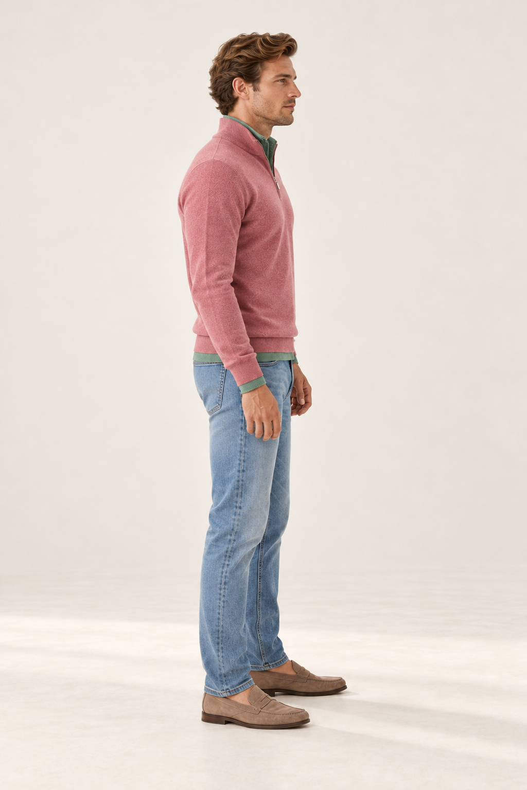 Camisola de homem com gola subida e meio fecho — Rosa, vista lateral