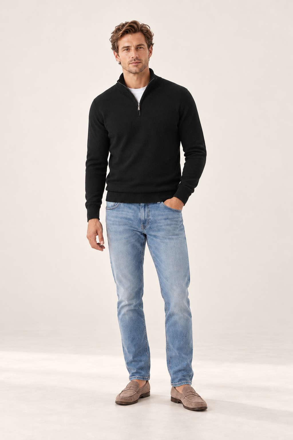 Camisola de homem com decote em V e fecho — Preto, vista de frente