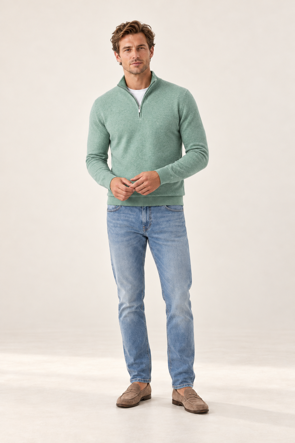 Camisola de homem com decote em V e fecho — Verde, vista de frente
