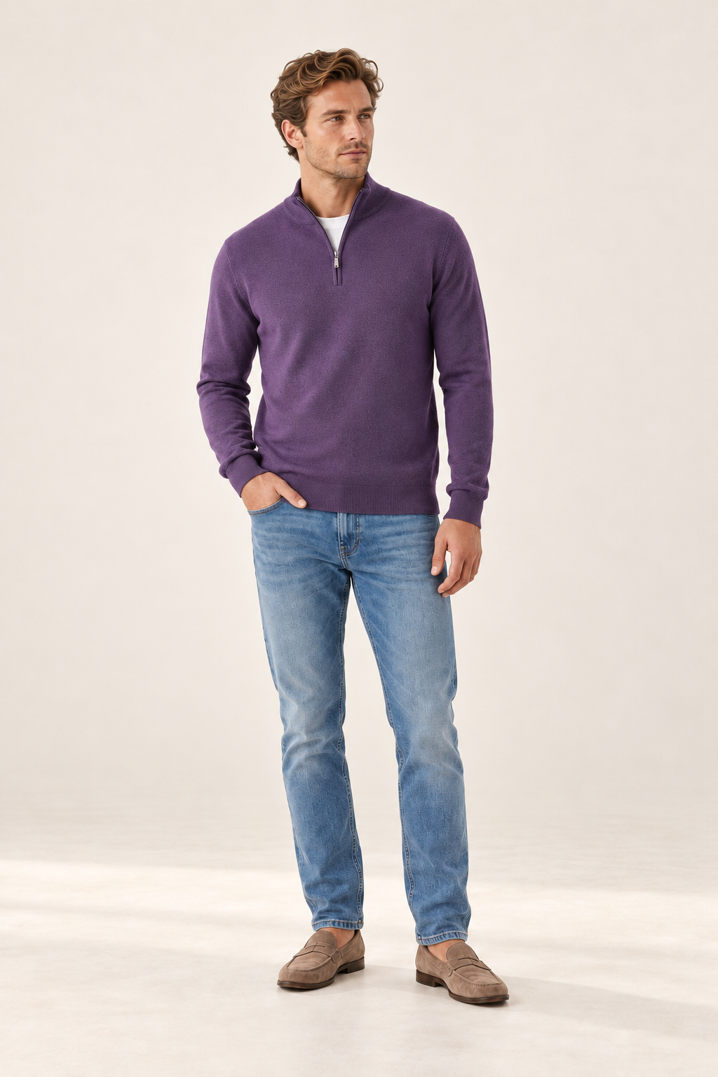 Camisola de homem com decote em V e fecho — Violeta, vista de frente