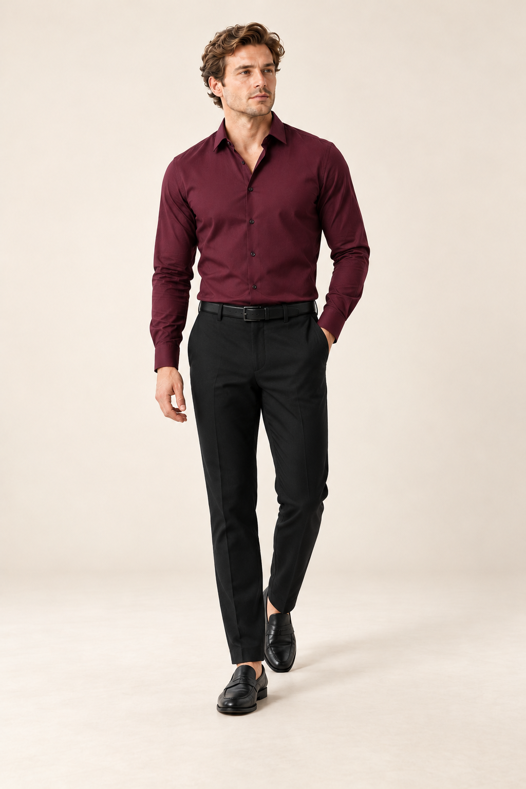 Camisa clássica de homem com corte regular — Bordeaux, vista de frente