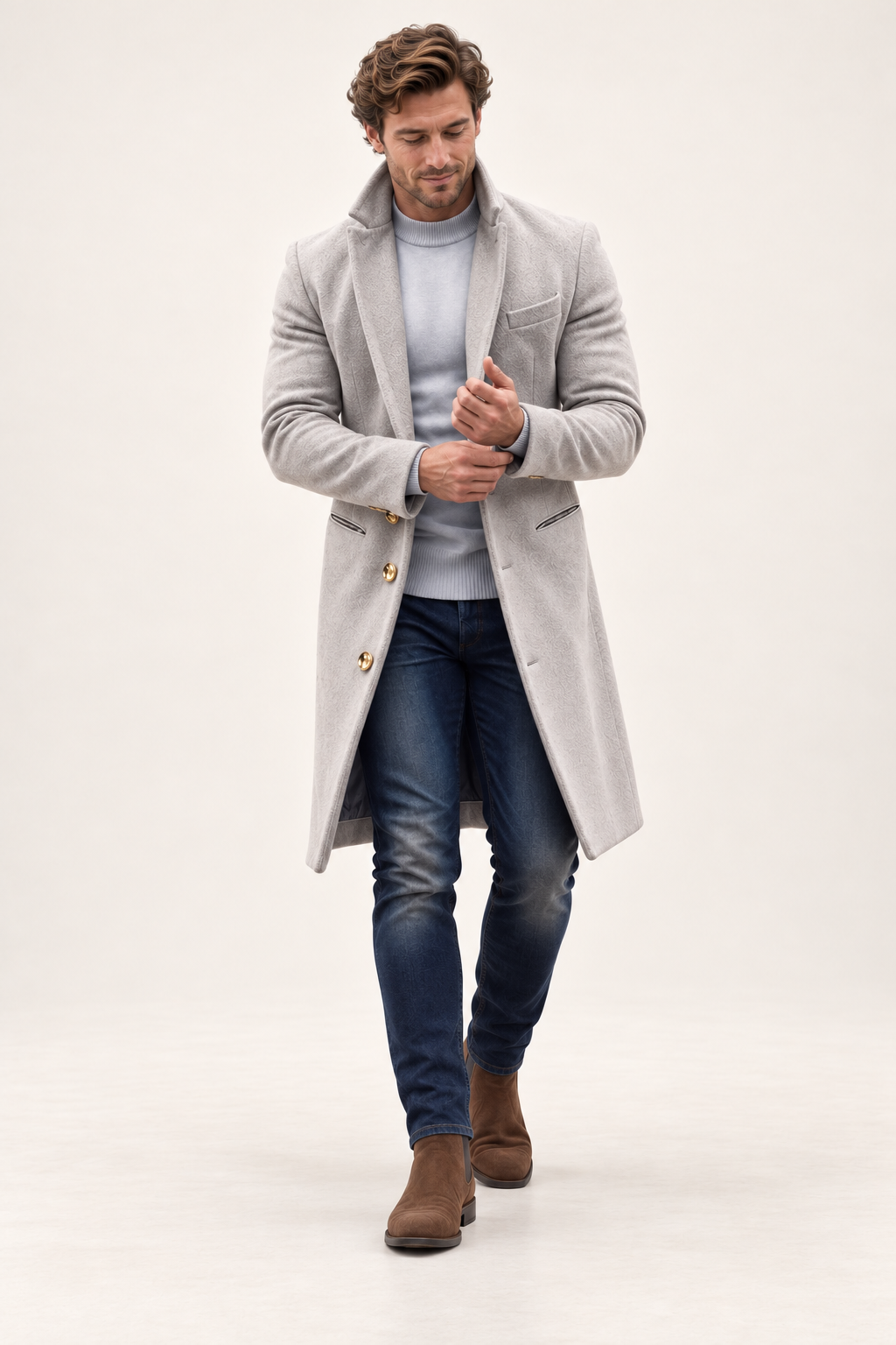 Sobretudo comprido de homem para inverno — Cinzento, vista de frente