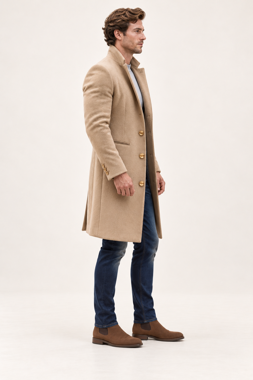 Sobretudo comprido de homem para inverno — Castanho, vista lateral