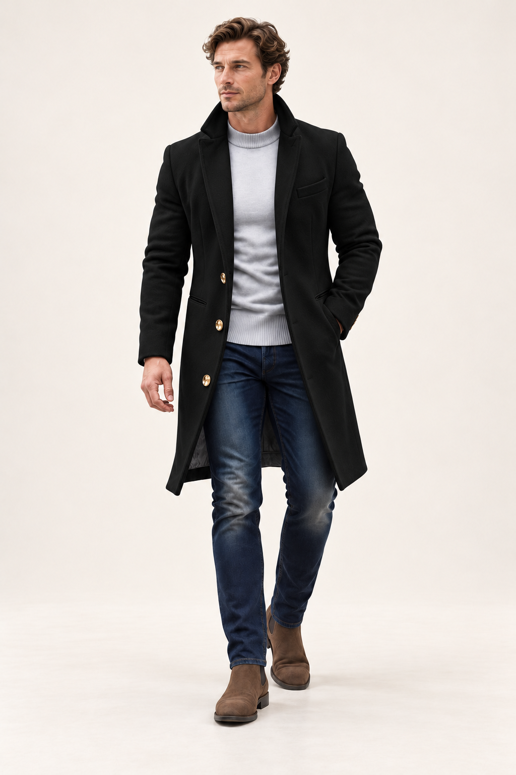 Sobretudo comprido de homem para inverno — Preto, vista de frente